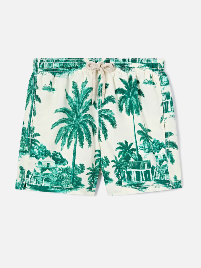 Jean Swim Shorts With Toile De Jouy Green Print White Swimshort