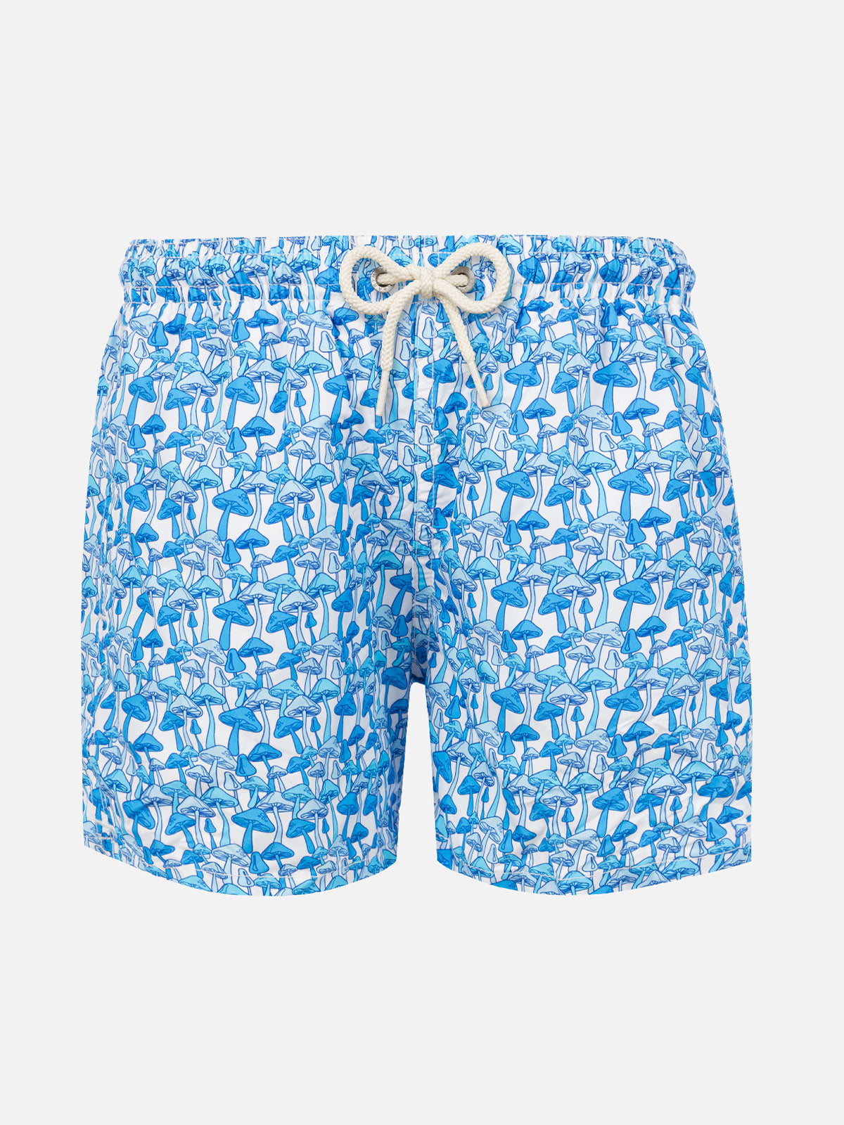 Boy Light Fabric Swim Shorts With Blue Mushrooms Print Sky Swimshort