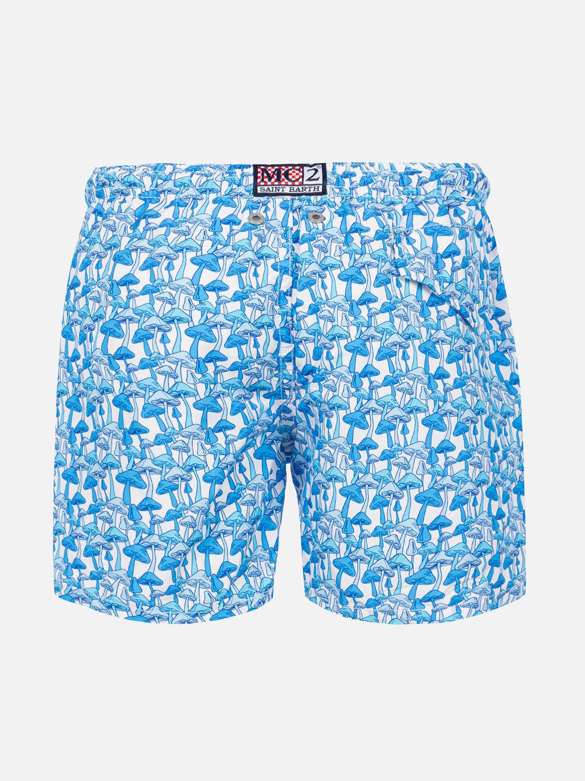 Boy Light Fabric Swim Shorts With Blue Mushrooms Print Sky Swimshort