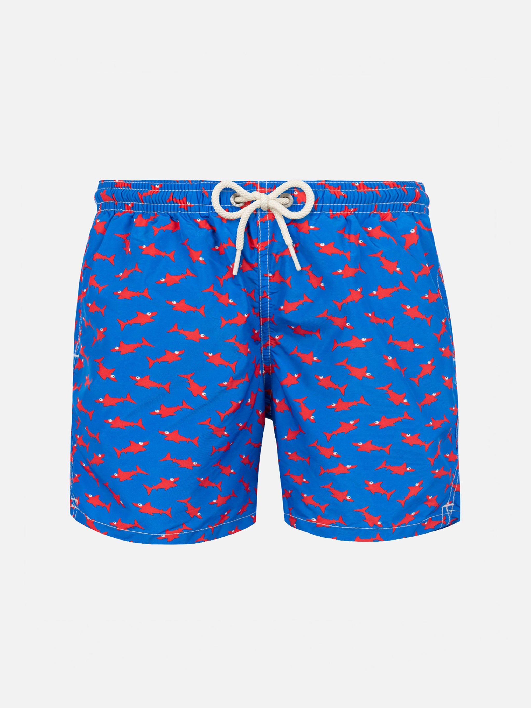 Boy Swim Shorts With Red Shark Print Blue Swimshort