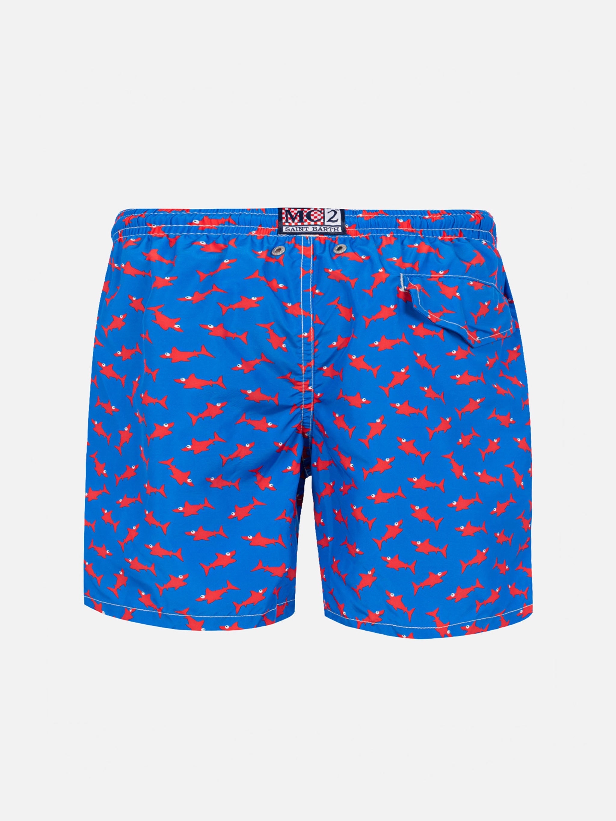 Boy Swim Shorts With Red Shark Print Blue Swimshort