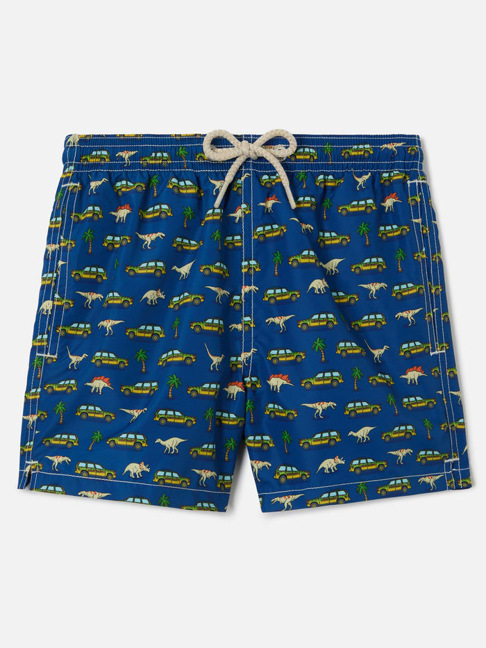 Jean Lighting Swim Shorts With Dinosaurs And Cars All-Over Print Blue Swimshort
