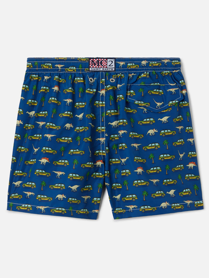 Jean Lighting Swim Shorts With Dinosaurs And Cars All-Over Print Blue Swimshort