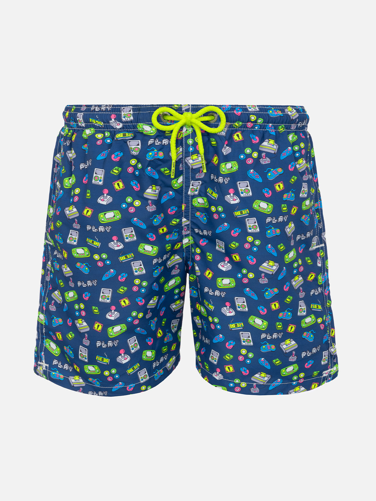 Boy Swim Shorts With Retro Games Print Blue Swimshort