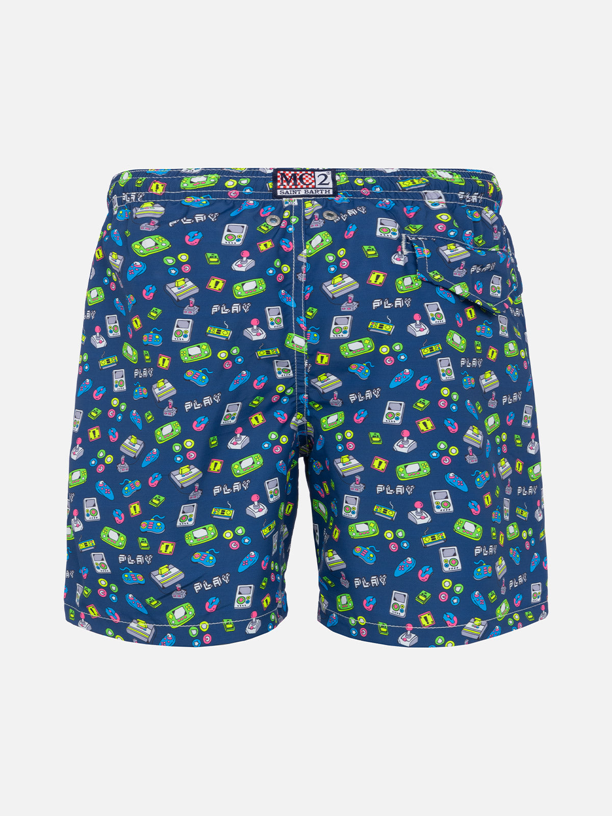 Boy Swim Shorts With Retro Games Print Blue Swimshort