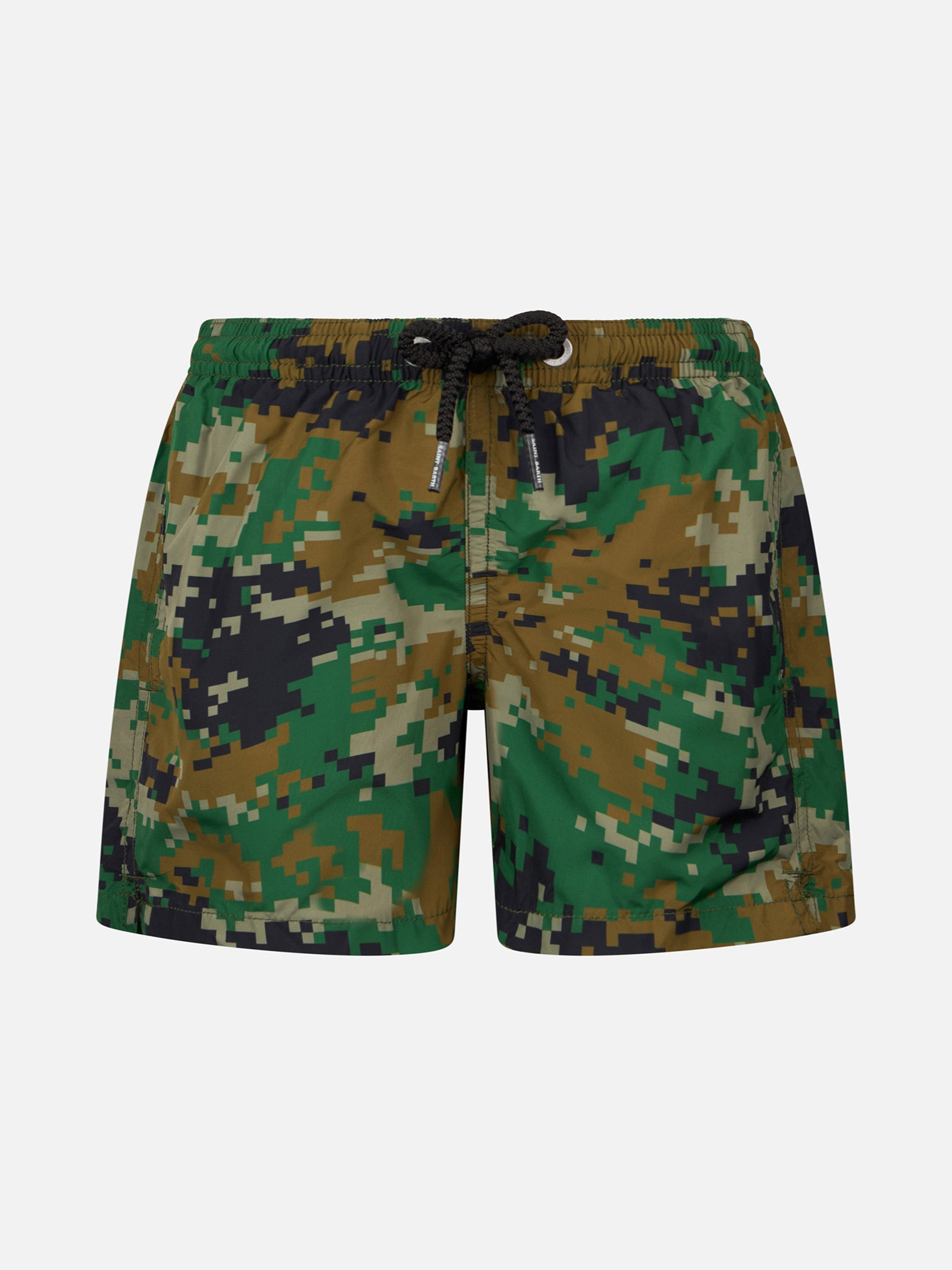 Boy Lightweight Fabric Swim-Shorts Jean Lighting With Pixel Camouflage Print Green Swimshort