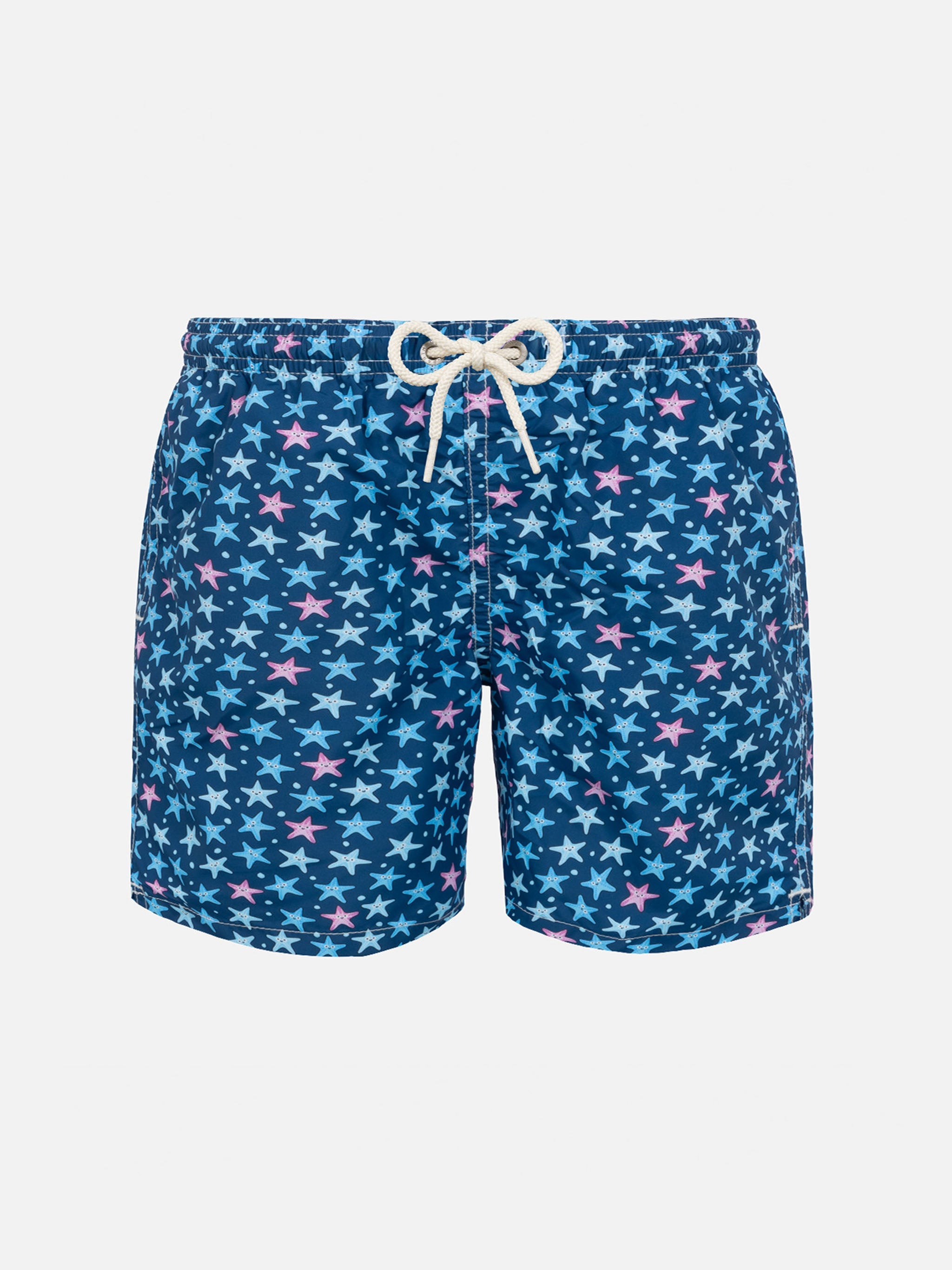 Boy Lightweight Fabric Swim-Shorts Jean Lighting With Starfishes Print Blue Swimshort