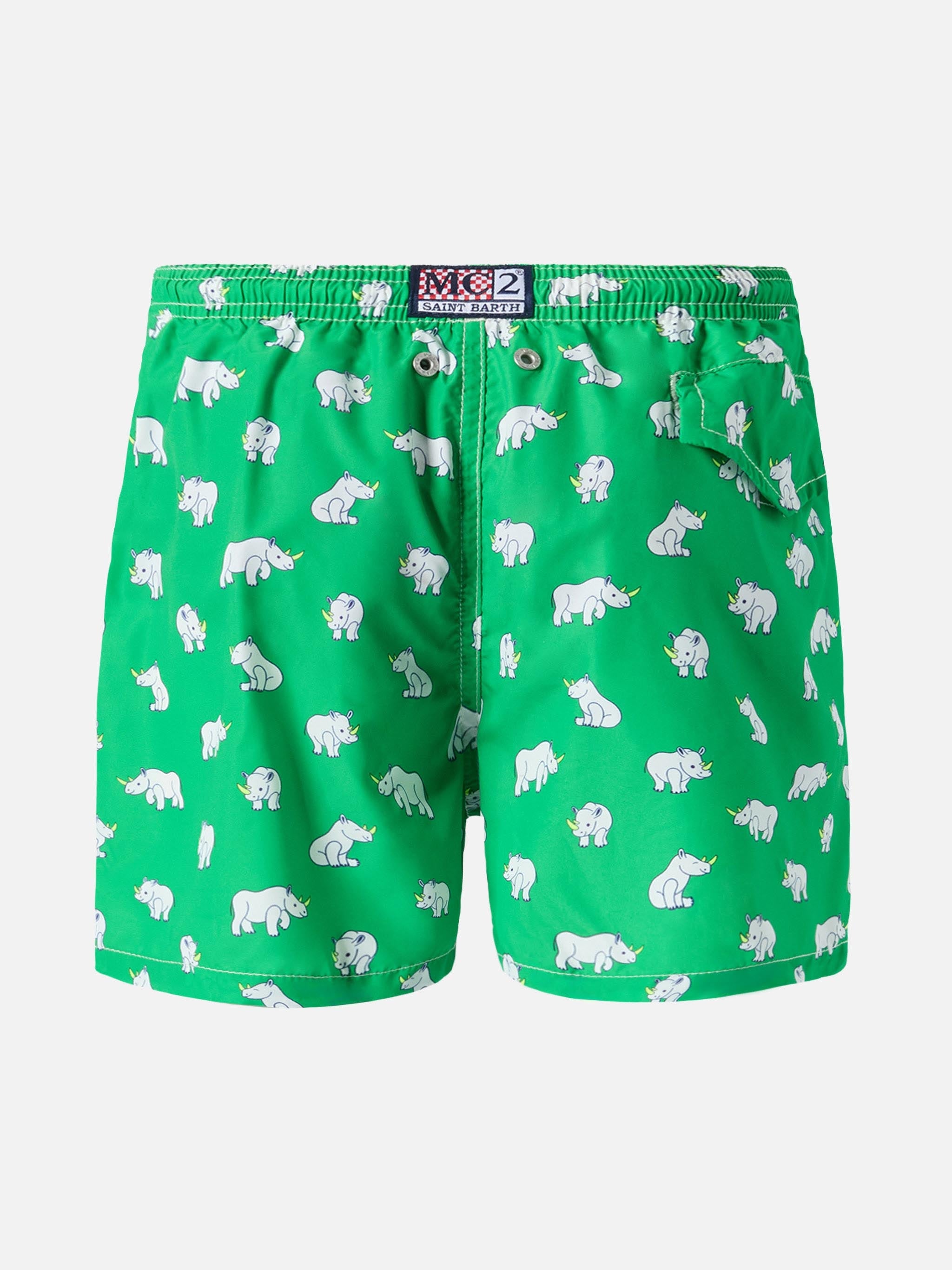 Lghtweight Fabric Swim-Shorts Jean Lighting With Rhino Print Green Swimshort