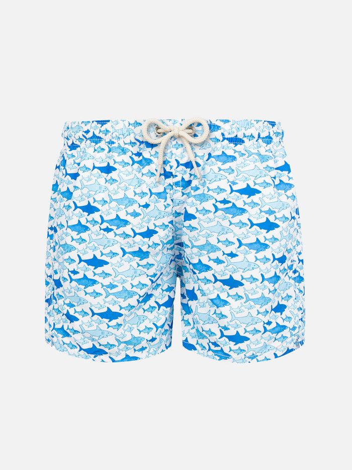 Boy Swim Shorts With Shark Print White Swimshort