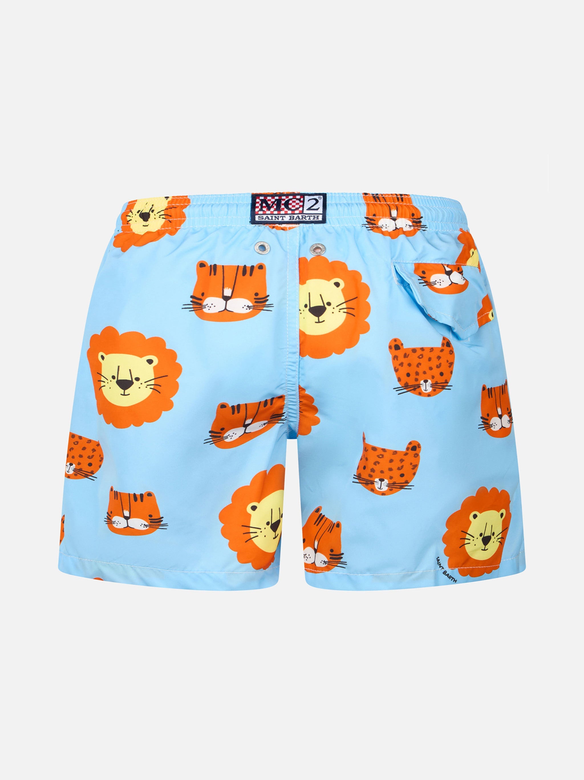 Boy Lightweight Fabric Swim-Shorts Jean Lighting With Lions Print Sky Swimshort