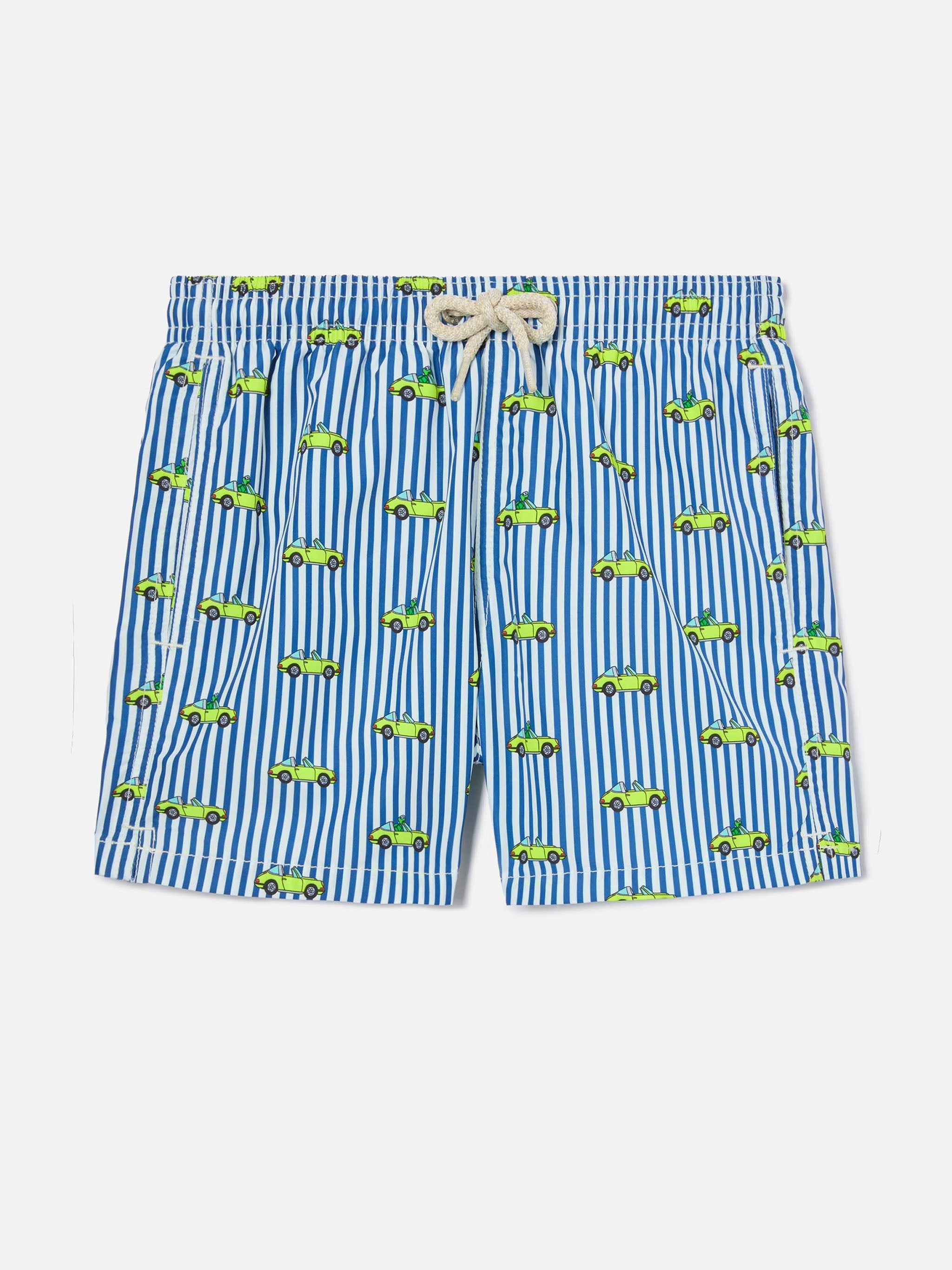 Jean Lighting Swim Shorts With Porsche Print On Stripes | Special Edition Blue Swimshort