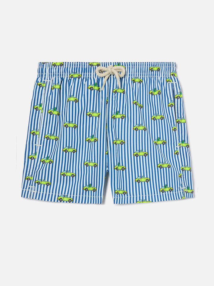 Jean Lighting Swim Shorts With Porsche Print On Stripes | Special Edition Blue Swimshort