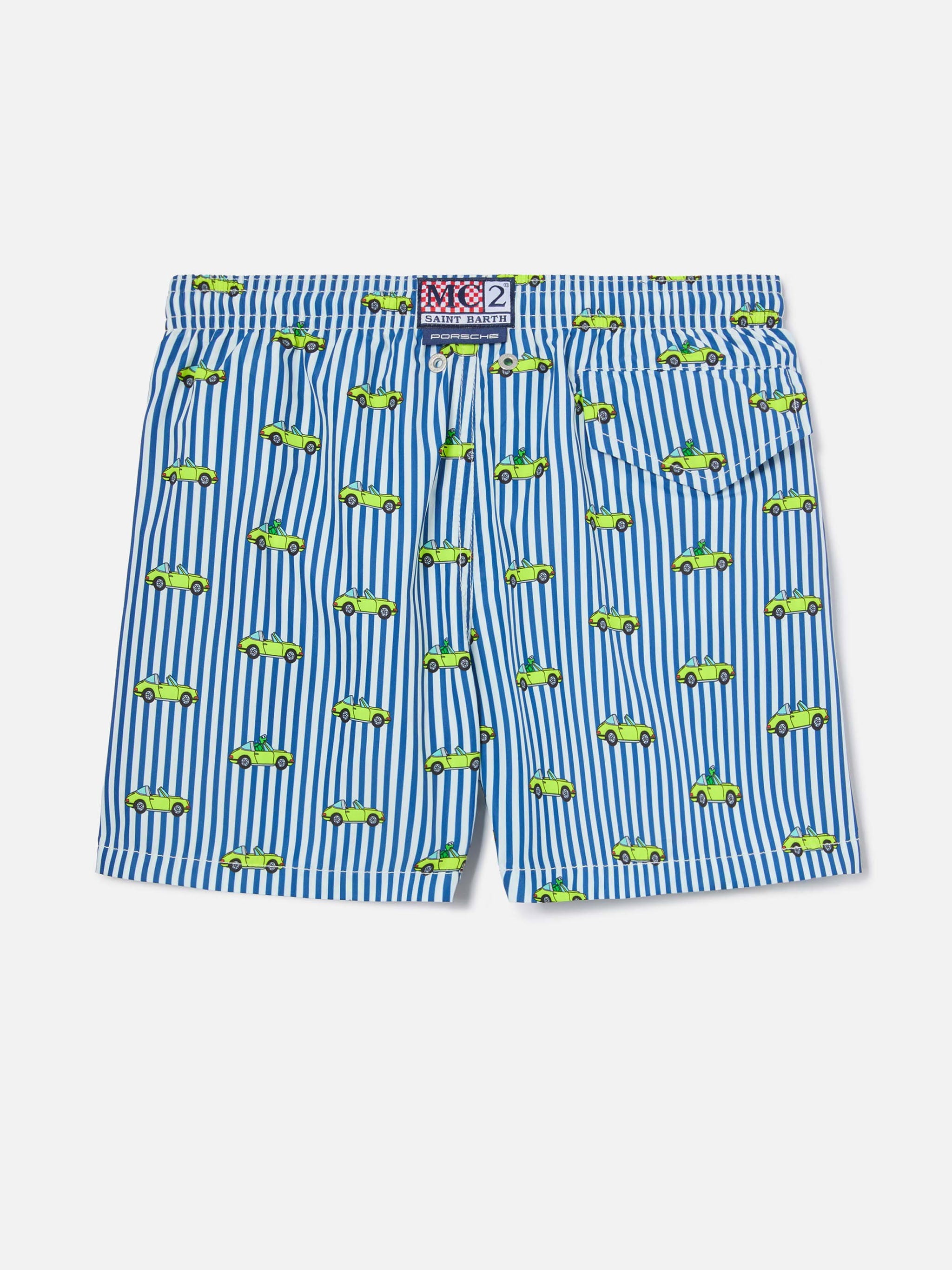 Jean Lighting Swim Shorts With Porsche Print On Stripes | Special Edition Blue Swimshort