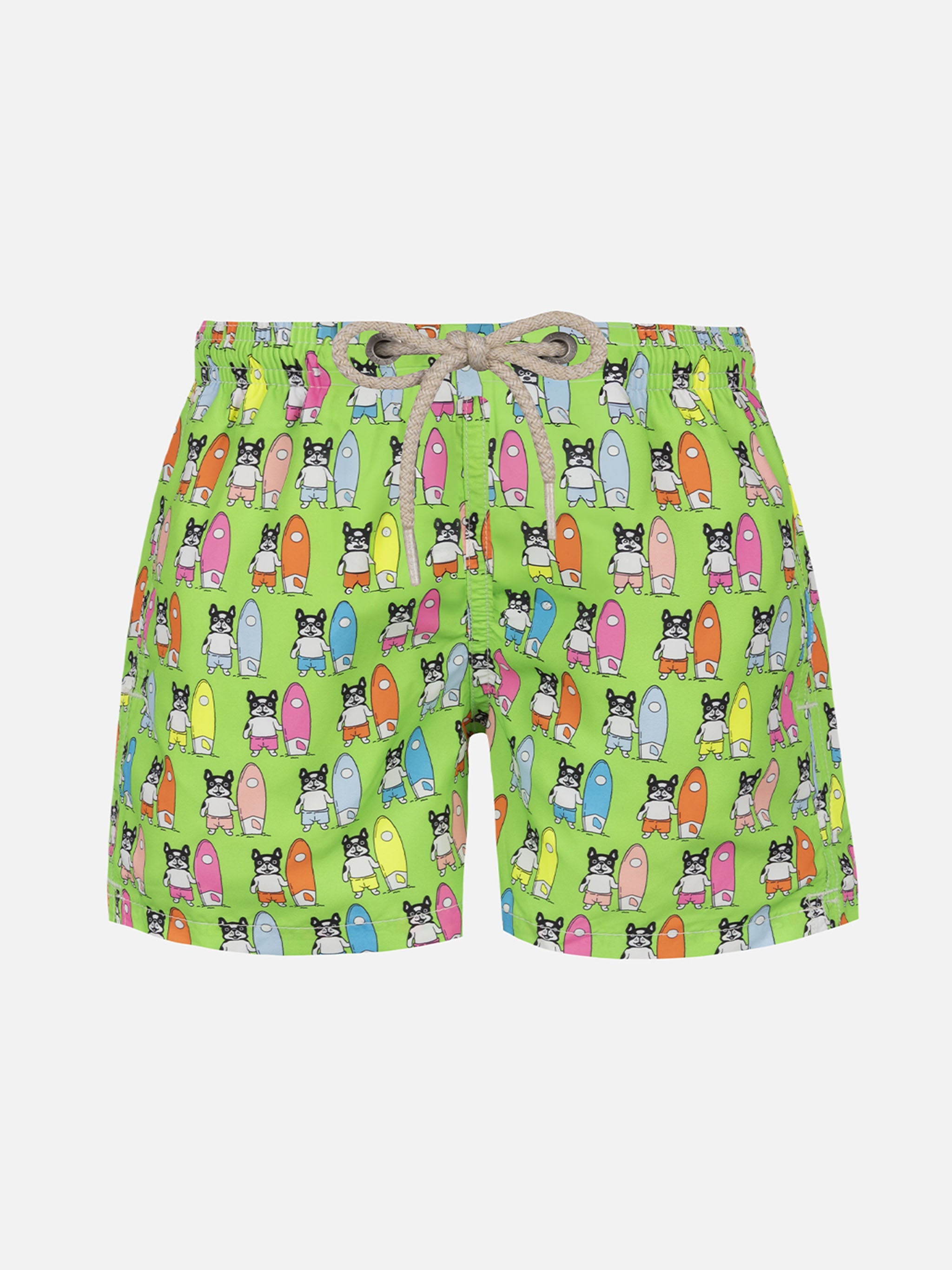 Boy Lightweight Fabric Swim-Shorts Jean Lighting With Surfer Dogs Print Green Swimshort