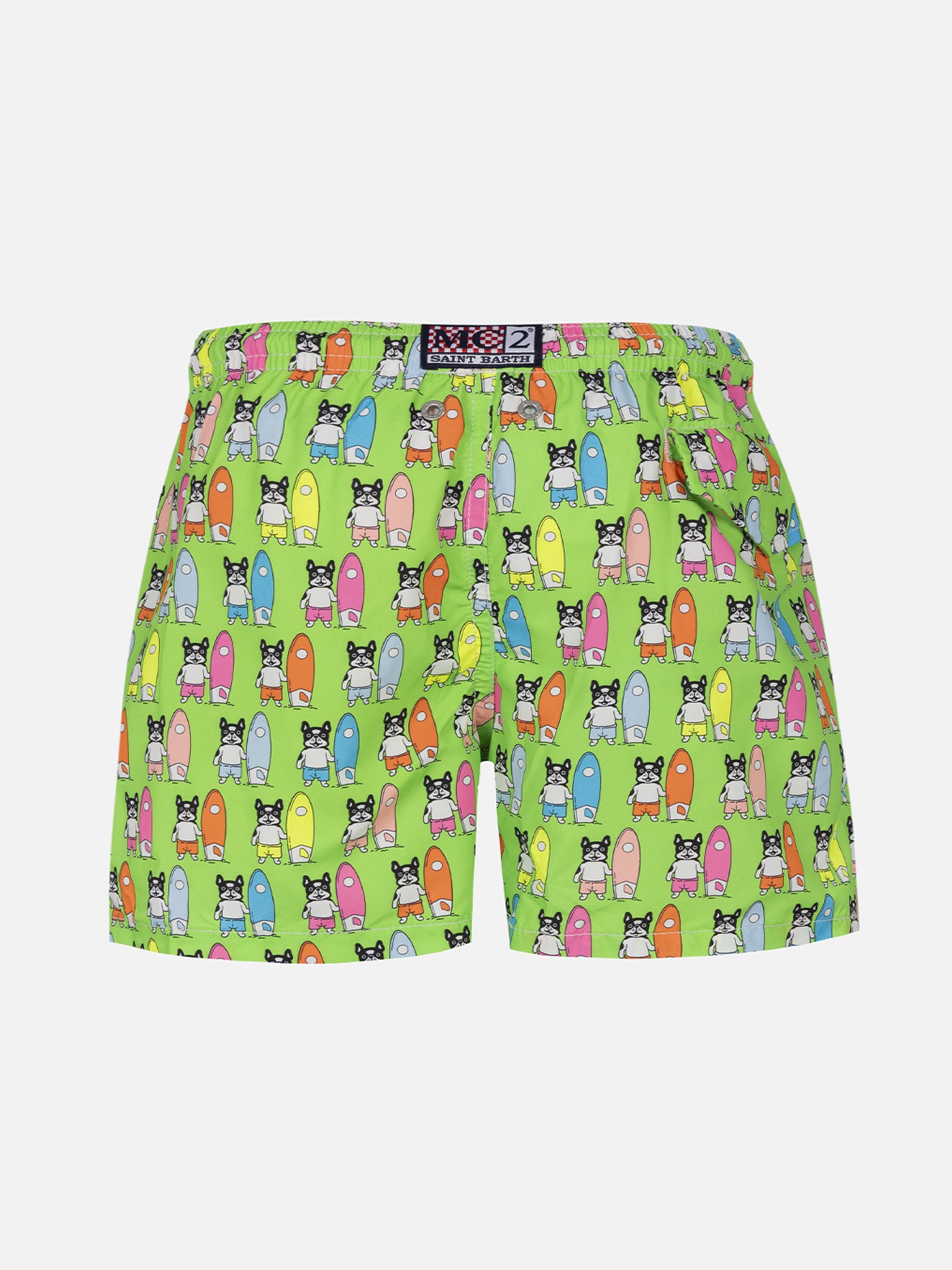 Boy Lightweight Fabric Swim-Shorts Jean Lighting With Surfer Dogs Print Green Swimshort