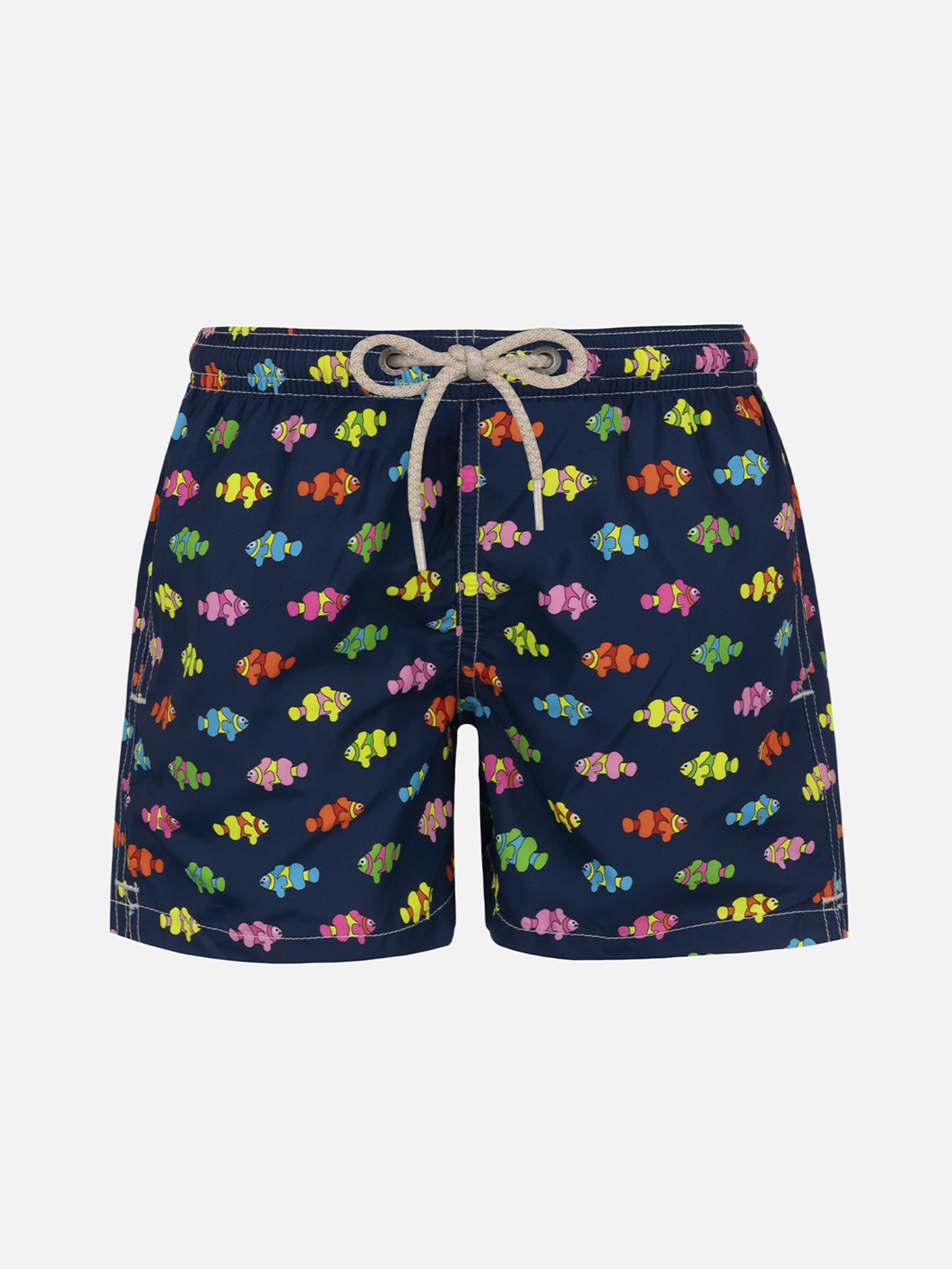 Boy Lightweight Fabric Swim-Shorts Jean Lighting With Fishes Print Blue Navy Swimshort