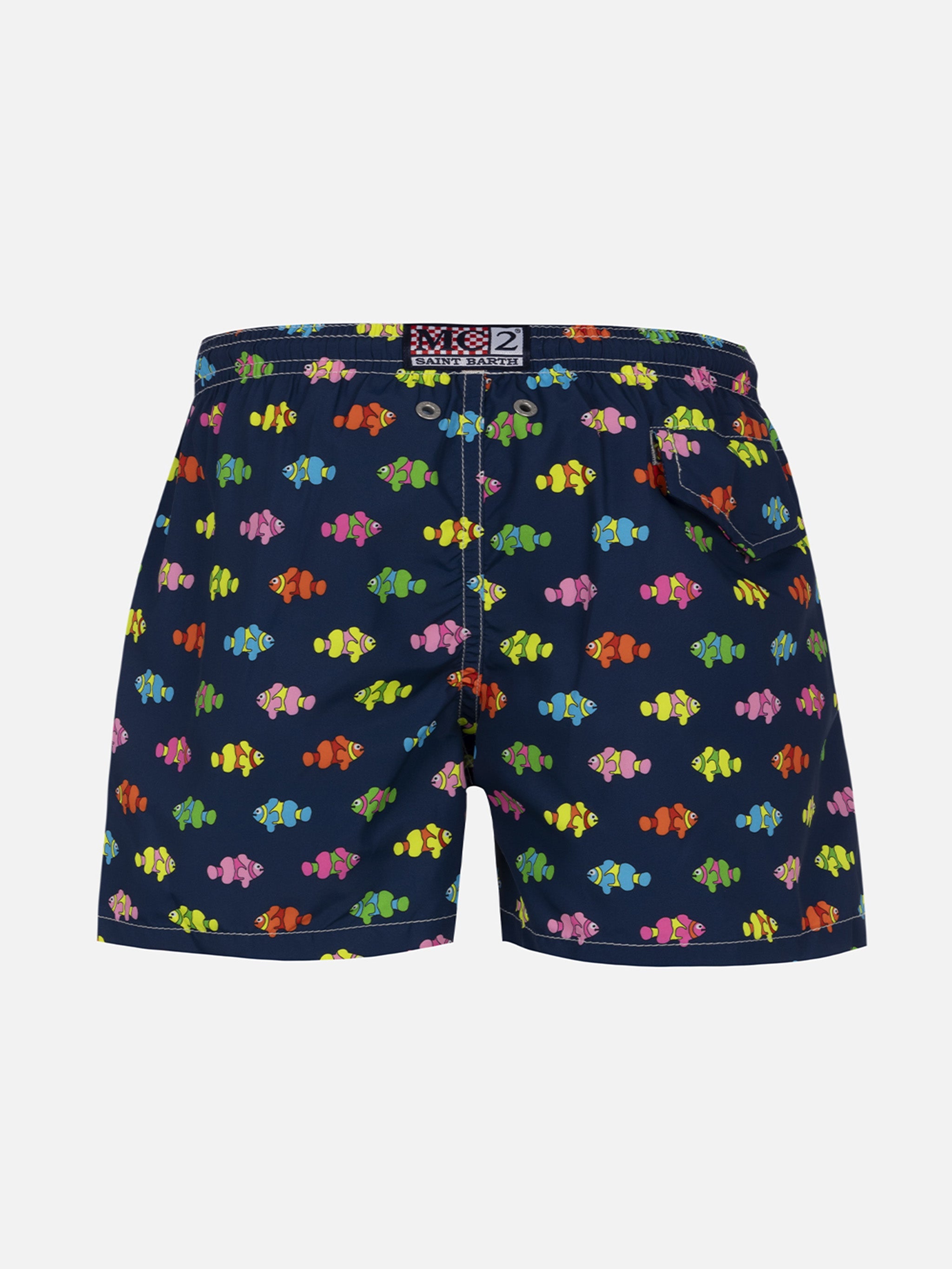 Boy Lightweight Fabric Swim-Shorts Jean Lighting With Fishes Print Blue Navy Swimshort