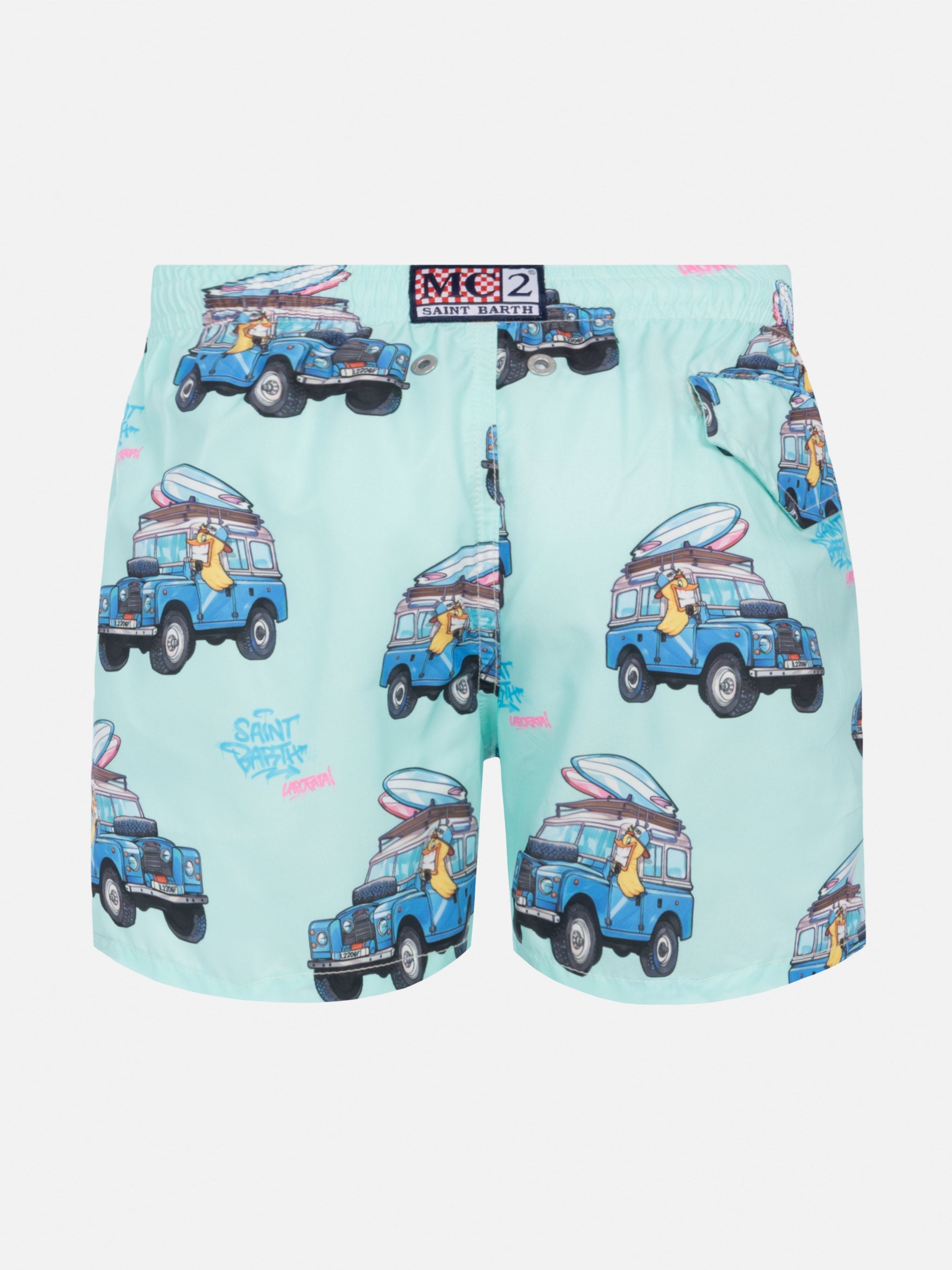 Jean Lighting Lightweight Fabric Swim Shorts With Cryptopuppets Surfer Print | Special Edition Green Swimshort