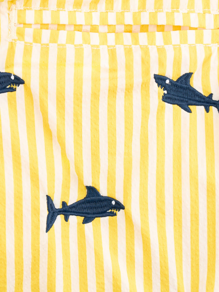 Boy Seersucker Swim-Shorts Jean With Sharks Embroidery __single__ Swimshort