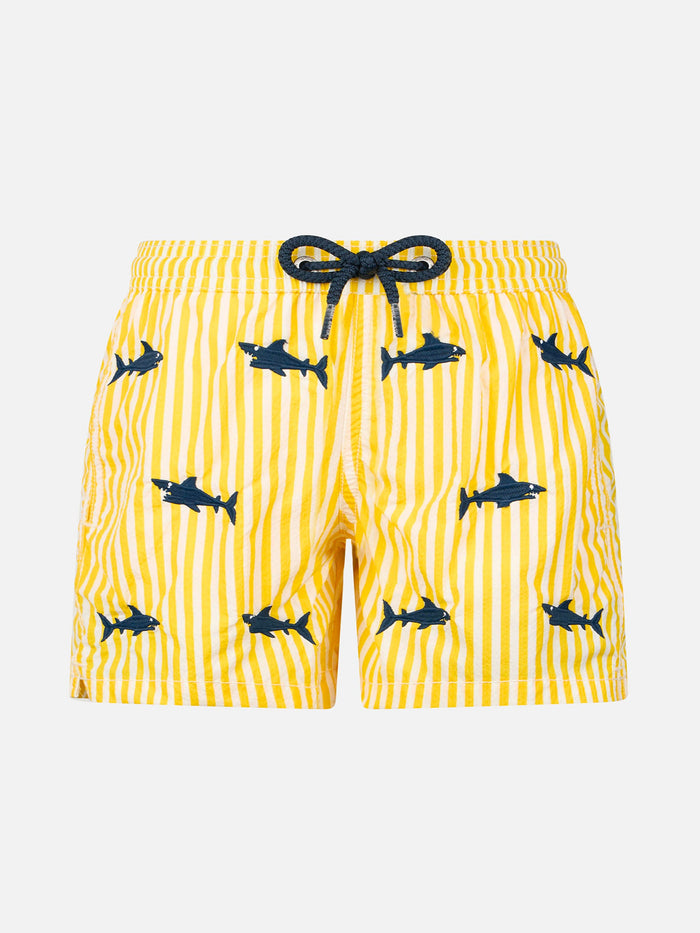 Boy Seersucker Swim-Shorts Jean With Sharks Embroidery __single__ Swimshort