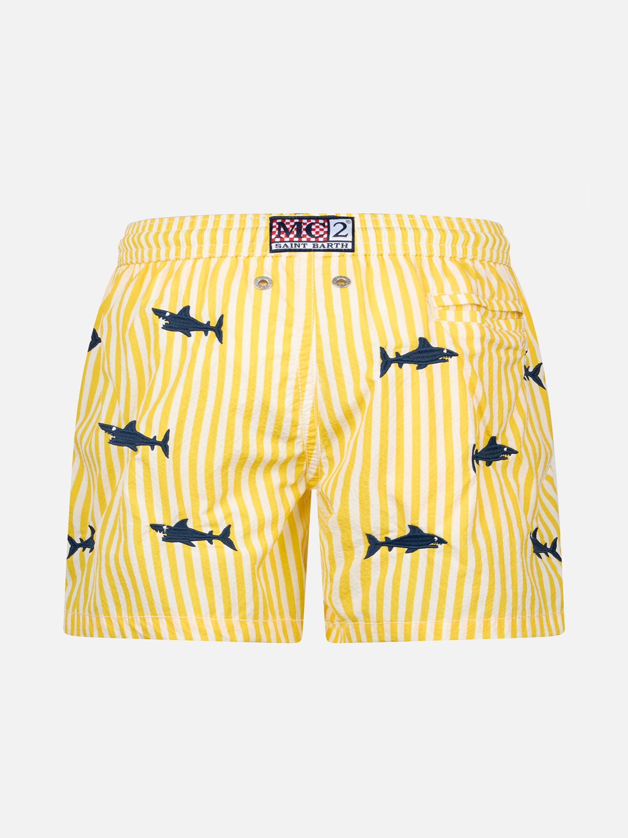 Boy Seersucker Swim-Shorts Jean With Sharks Embroidery Yellow Swimshort