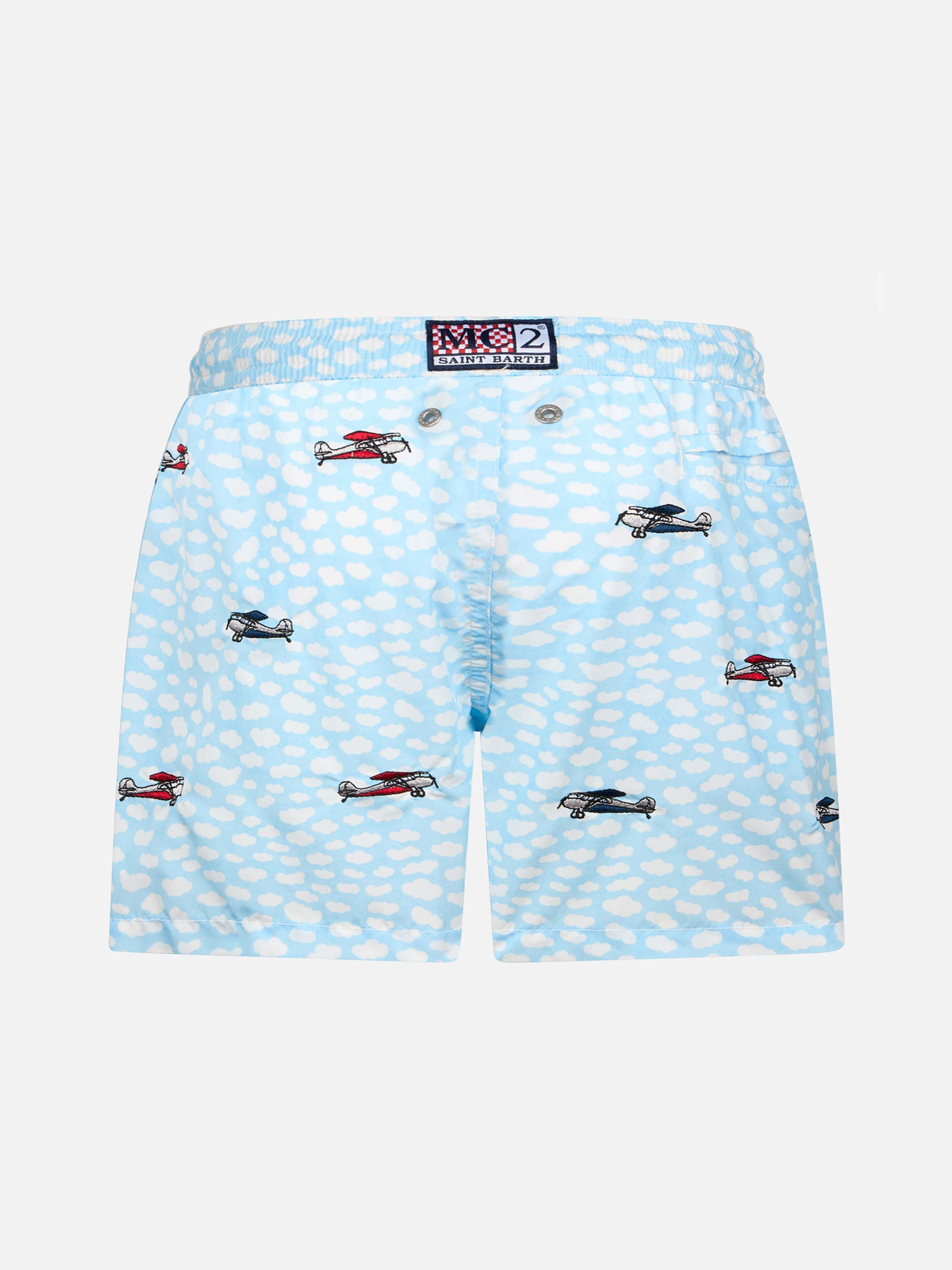 Boy Lightweight Fabric Swim-Shorts Jean Lighting With Airplanes Embroidery Sky Swimshort