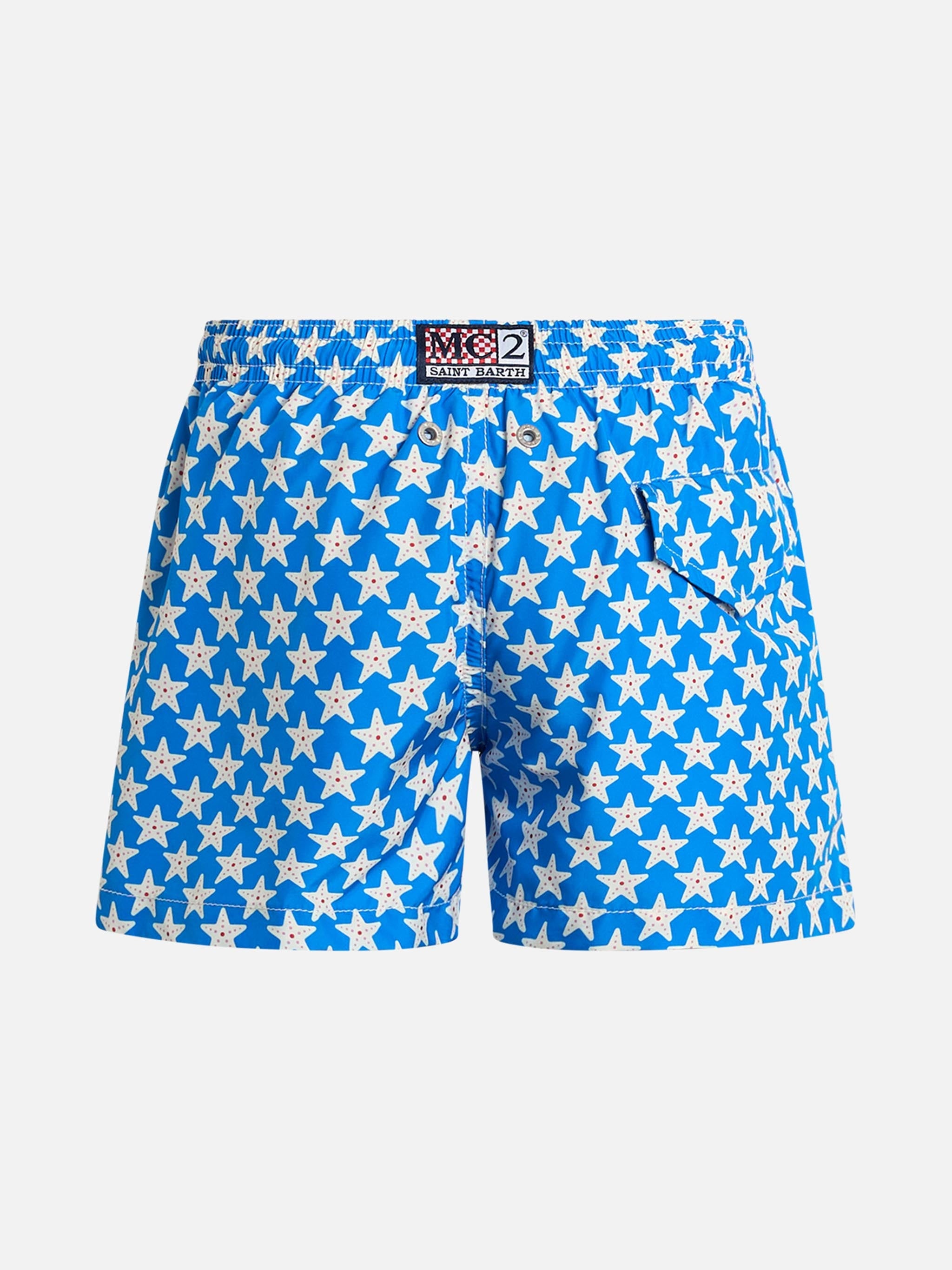 Boy Lightweight Fabric Swim-Shorts Jean Lighting 70 With Seastars Print Sky Swimshort