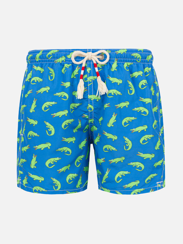 Boy Bluette Swim Shorts With Green Alligator Print __single__ Swimshort