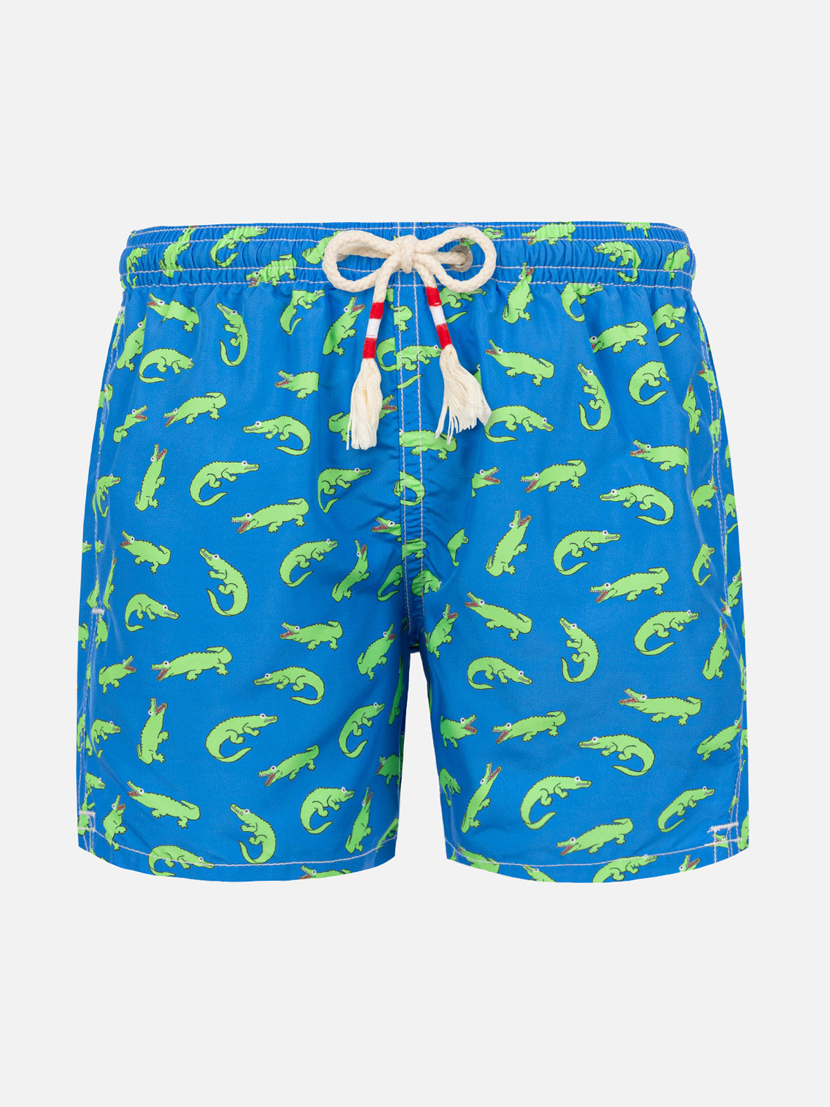 Boy Bluette Swim Shorts With Green Alligator Print Sky Swimshort