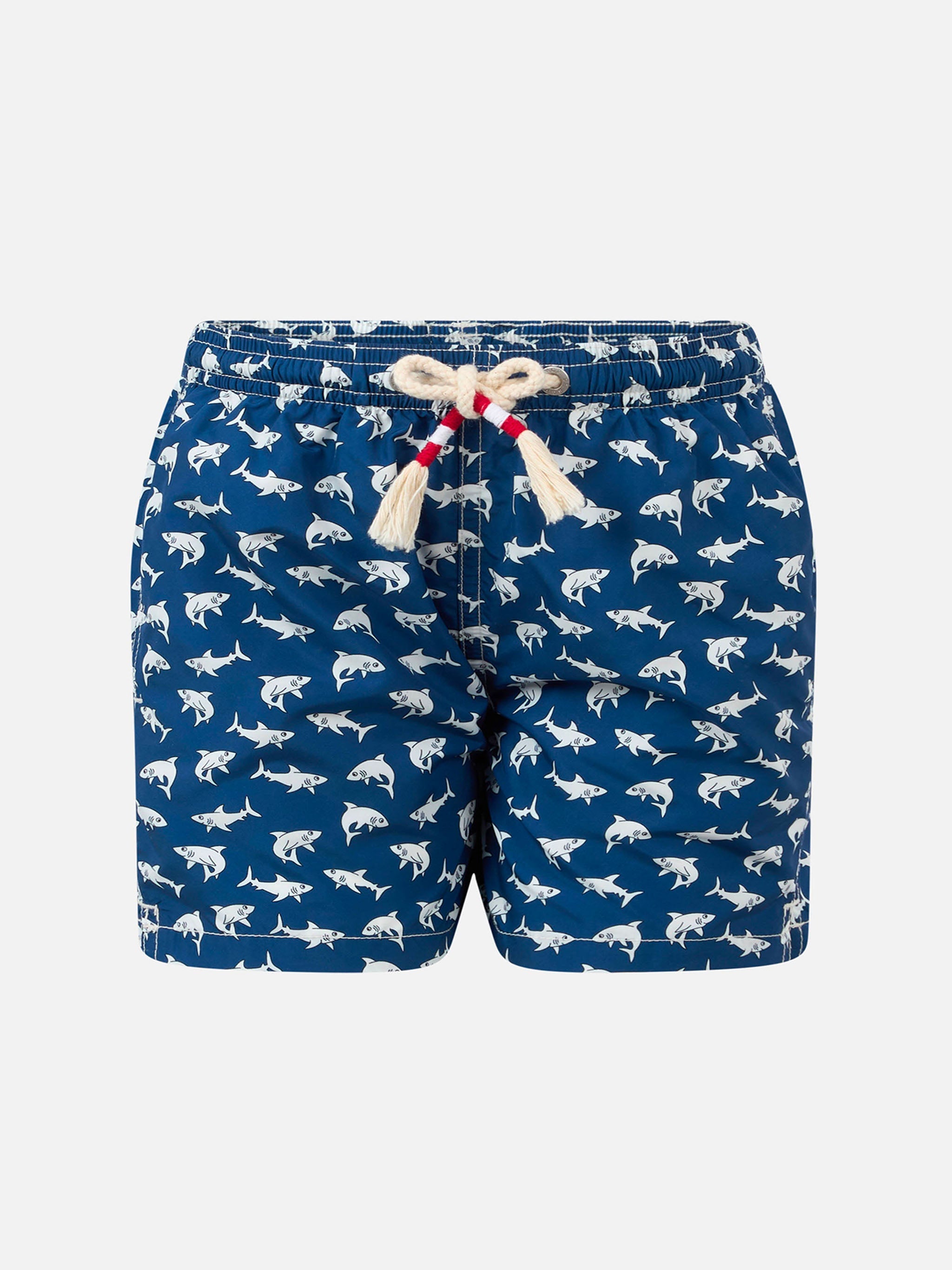 Boy Lightweight Fabric Swim-Shorts Jean Lighting 70 With Sharks Print Blue Swimshort