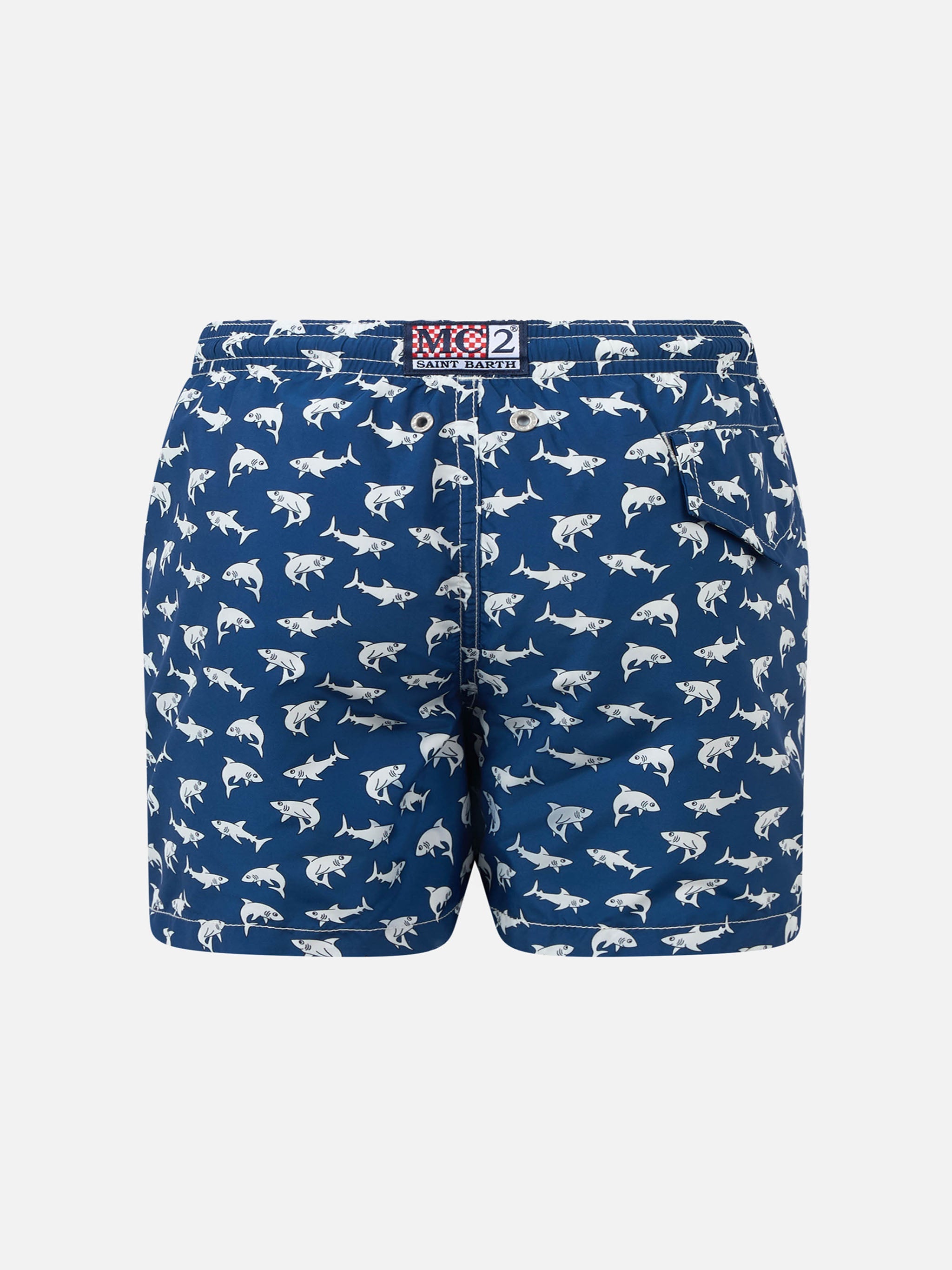 Boy Lightweight Fabric Swim-Shorts Jean Lighting 70 With Sharks Print Blue Swimshort