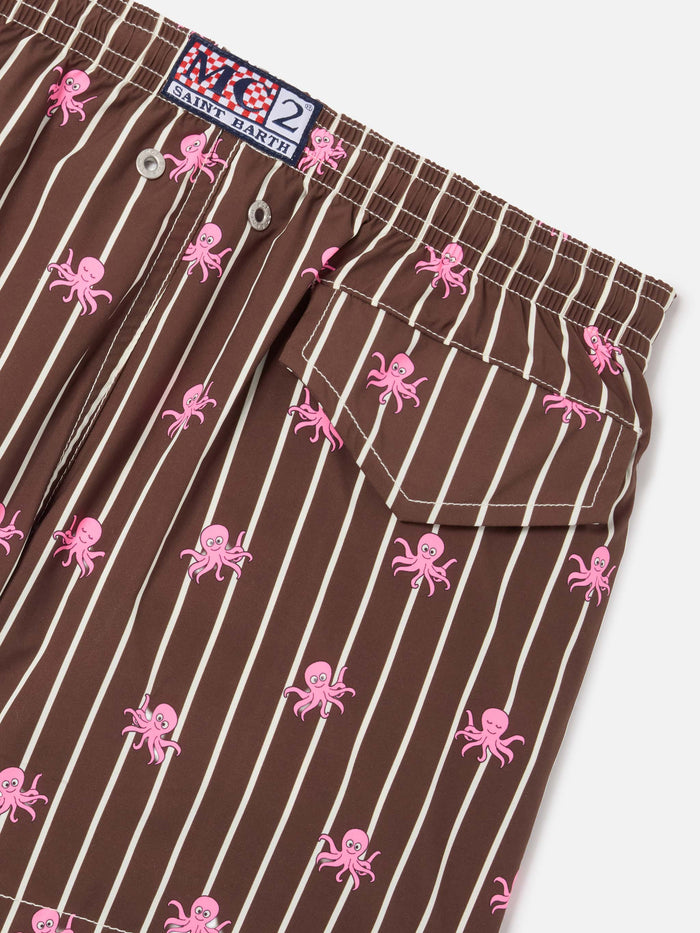 Jean Lighting Stretch Swim Shorts Striped With All-Over Octopus Print Brown Swimshort