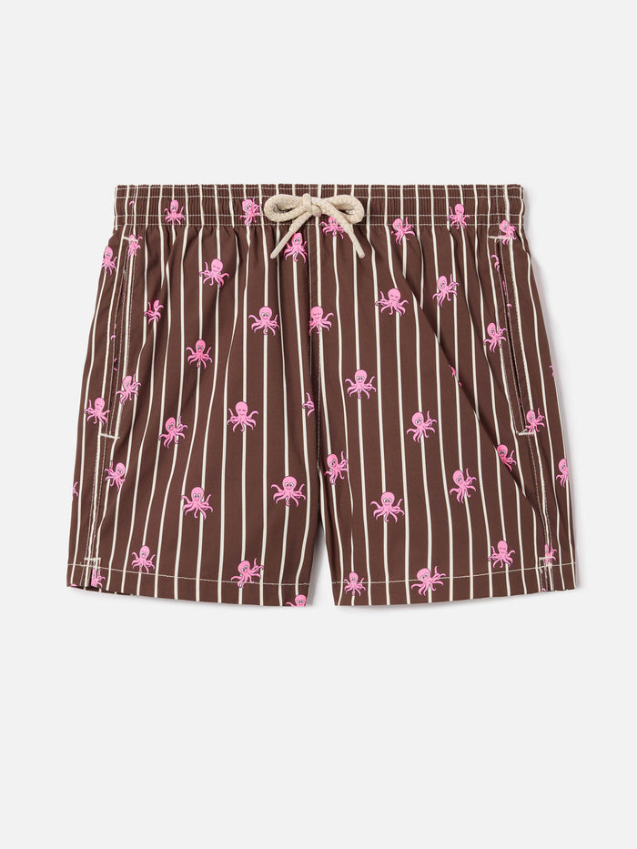 Jean Lighting Stretch Swim Shorts Striped With All-Over Octopus Print Brown Swimshort