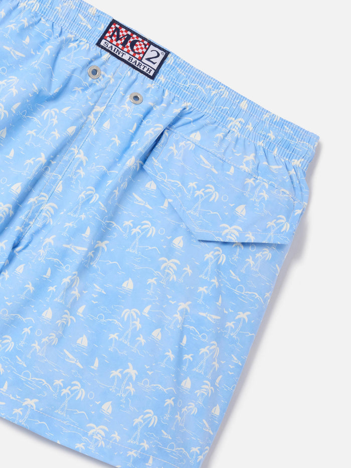 Jean Lighting Stretch Swim Shorts With All-Over Wave Toile De Jouy Print Blue Swimshort