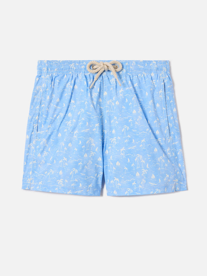 Jean Lighting Stretch Swim Shorts With All-Over Wave Toile De Jouy Print Blue Swimshort