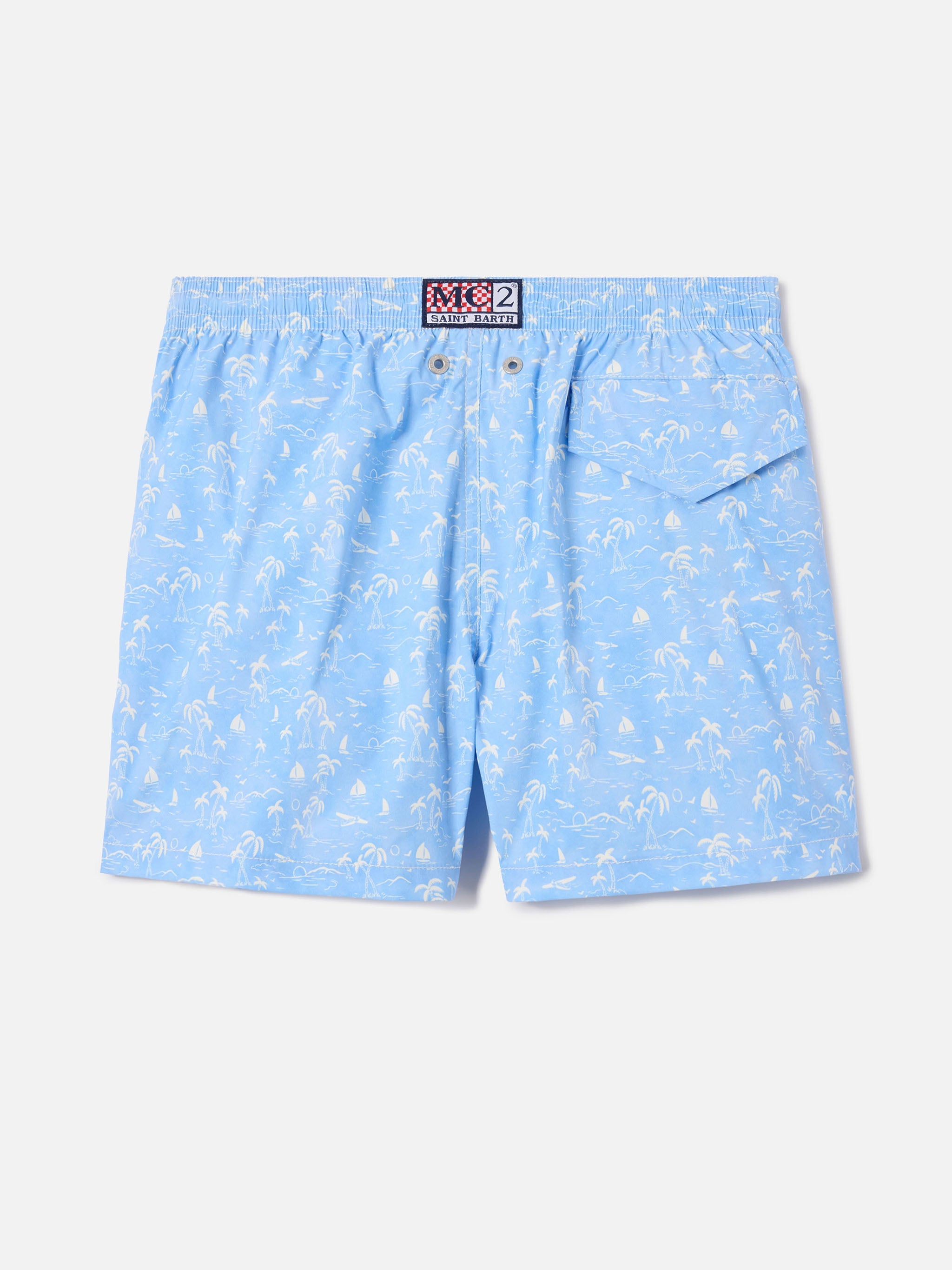 Jean Lighting Stretch Swim Shorts With All-Over Wave Toile De Jouy Print Blue Swimshort