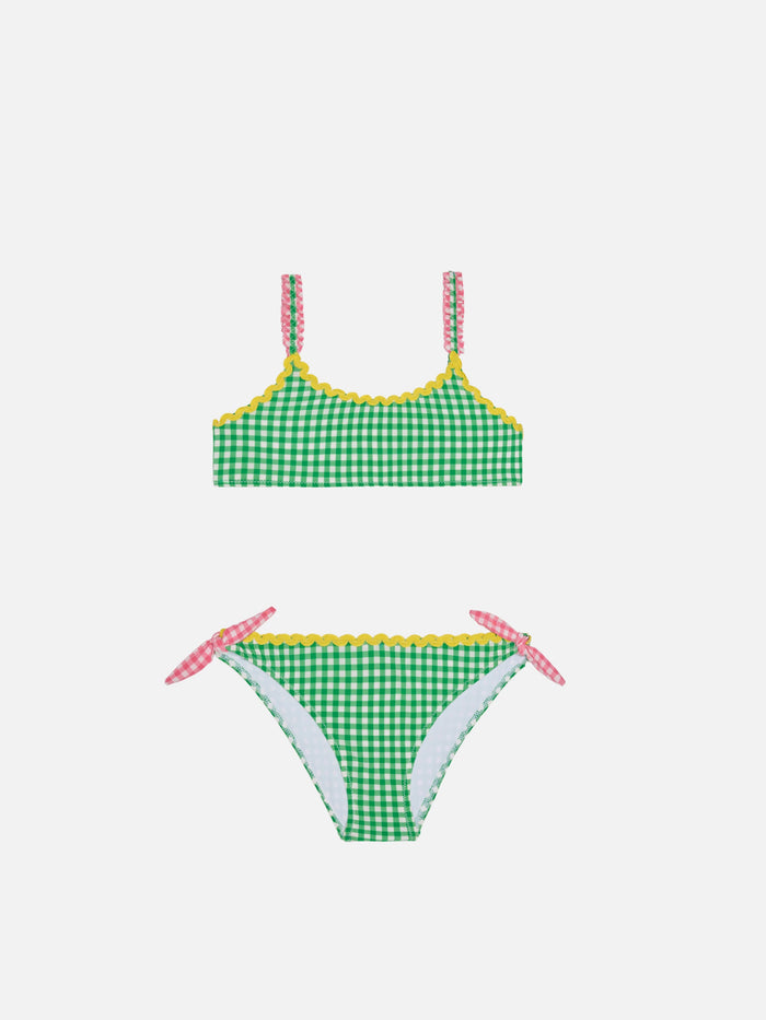 Girl Top Bikini With Gingham Print Green