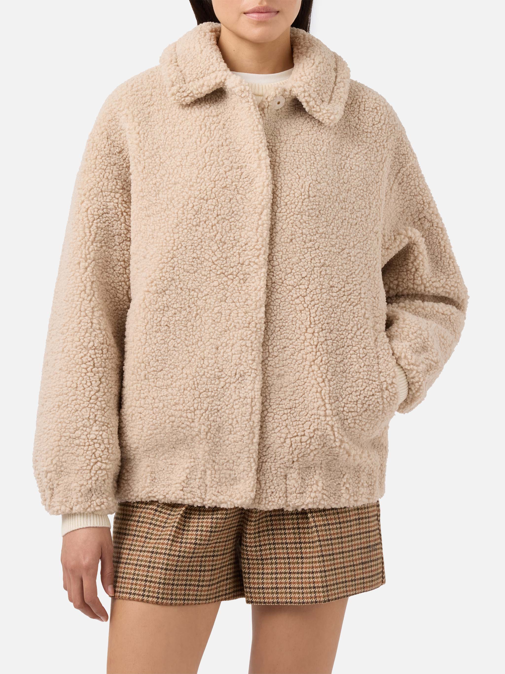 Jeanne Teddy Bomber With Back Patch White Jacket
