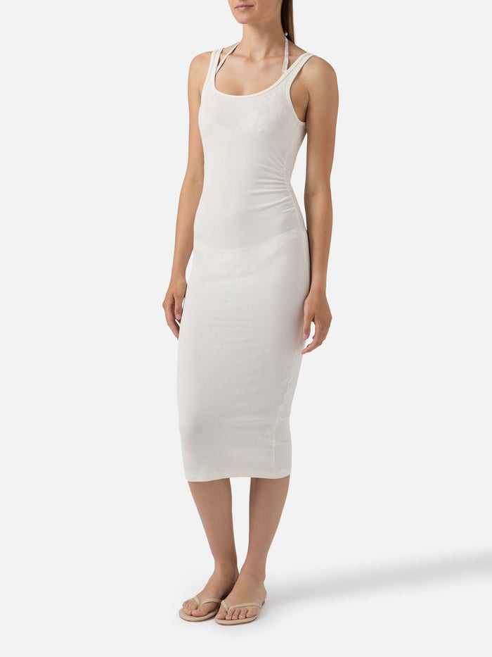 Midi Jennifer Dress Cream Ribbed Stretch Cotton Fabric White