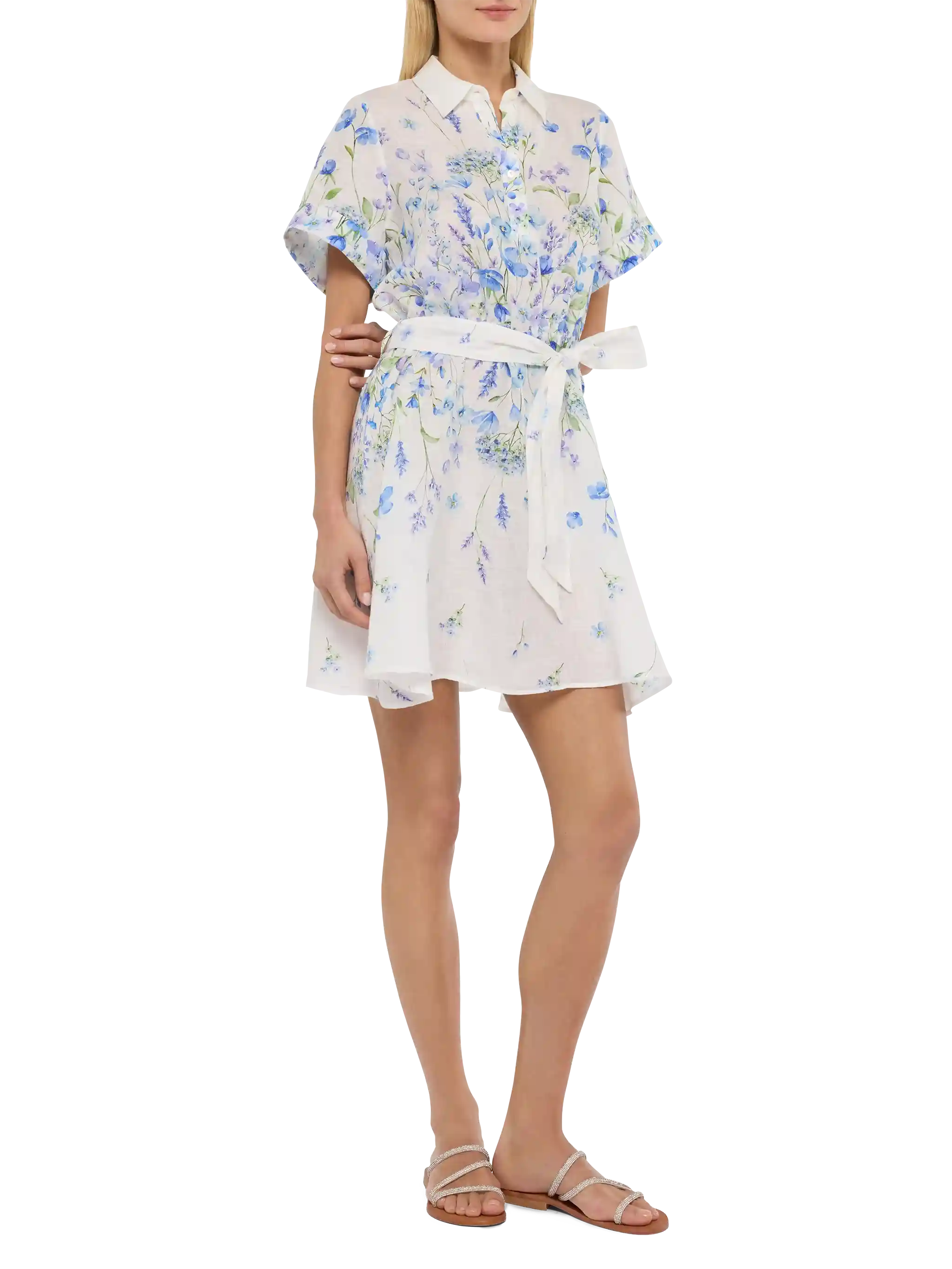 Joseline Linen Dress With Floral Print White