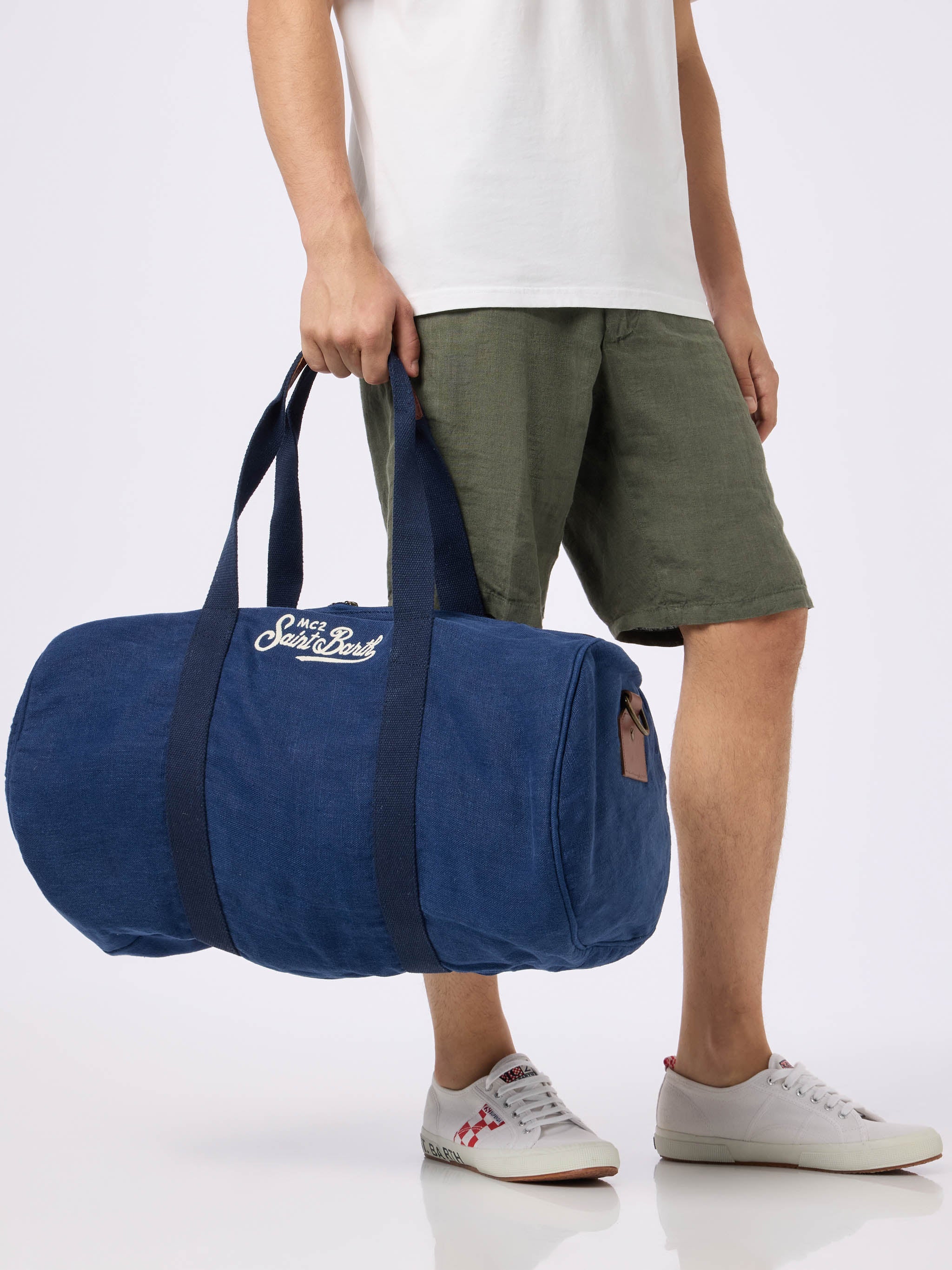 Blue Linen Travel Duffle Bag Jetleg