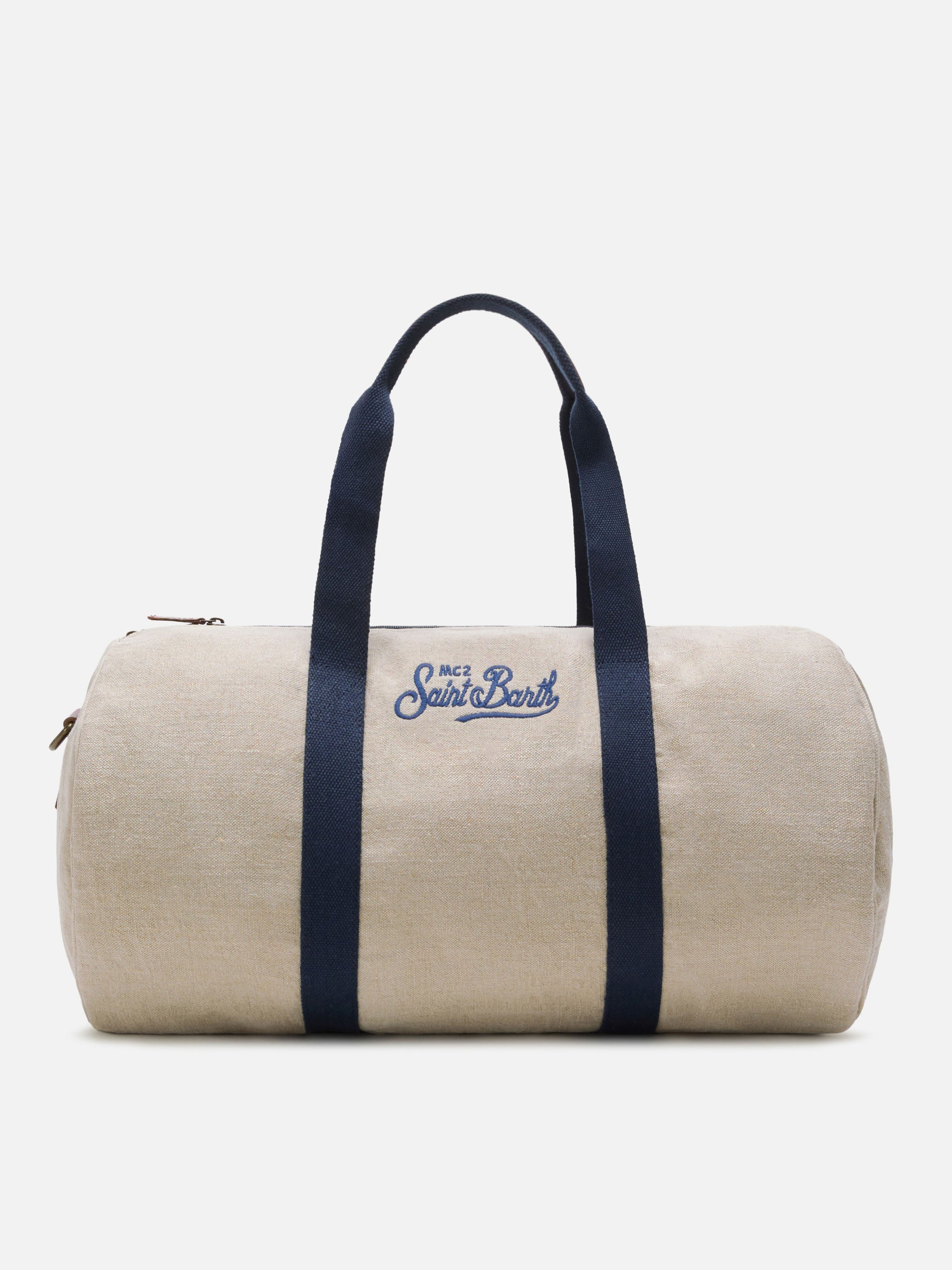 Round Jetleg Beige Linen Weekender With Contrasting Embroidered Logo __single__ Bag