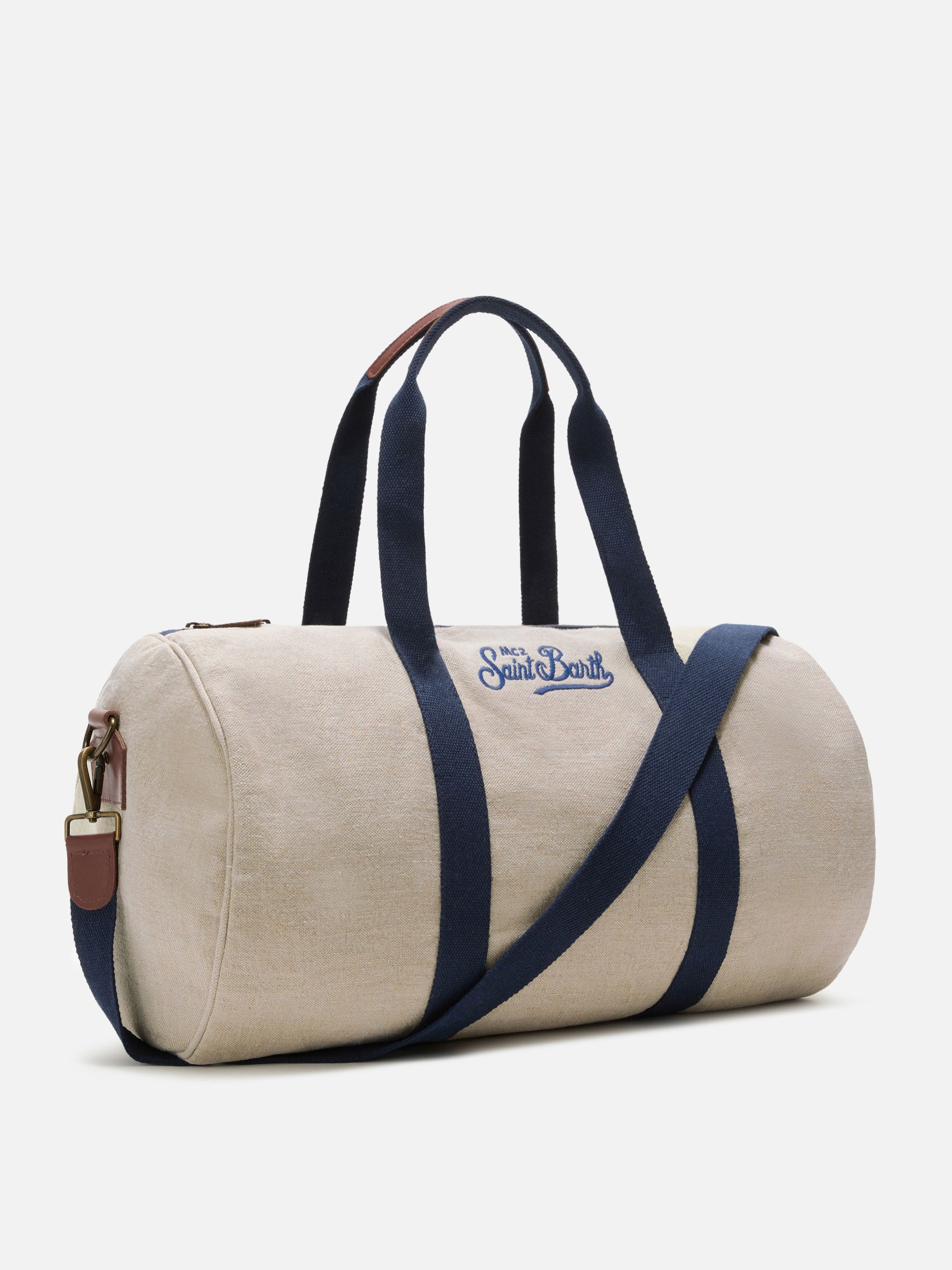 Round Jetleg Beige Linen Weekender With Contrasting Embroidered Logo __single__ Bag
