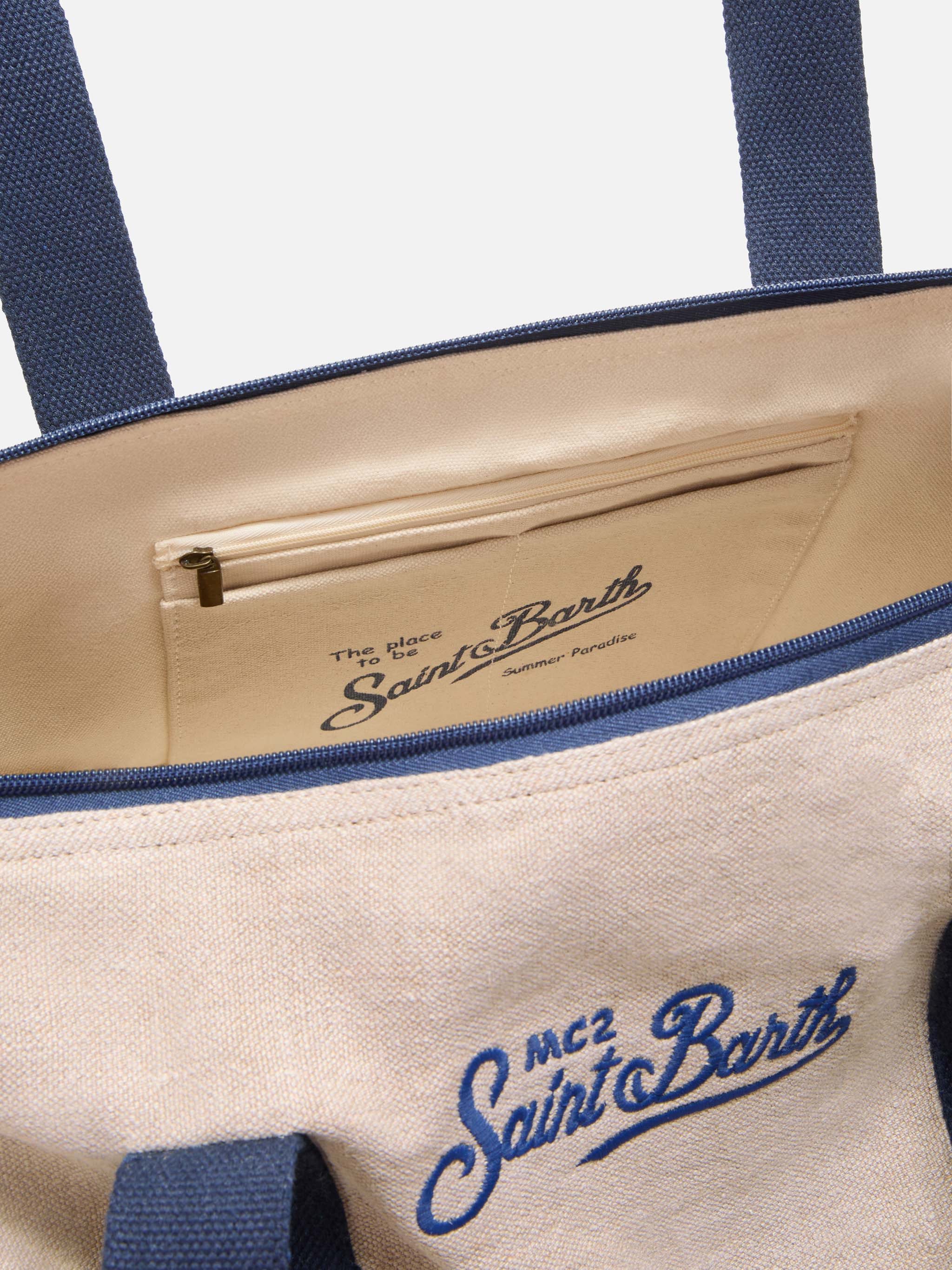 Round Jetleg Beige Linen Weekender With Contrasting Embroidered Logo __single__ Bag