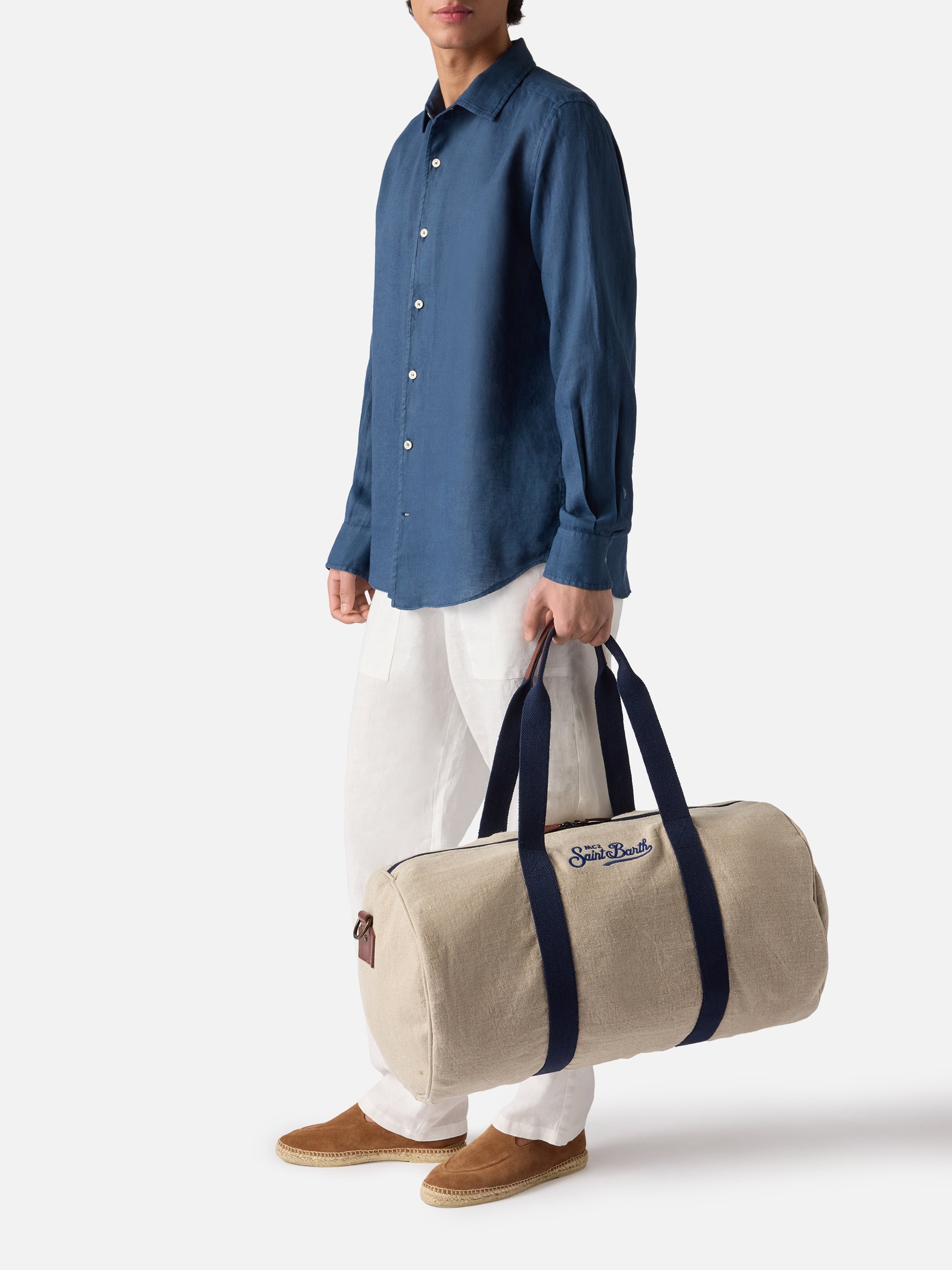 Round Jetleg Beige Linen Weekender With Contrasting Embroidered Logo __single__ Bag