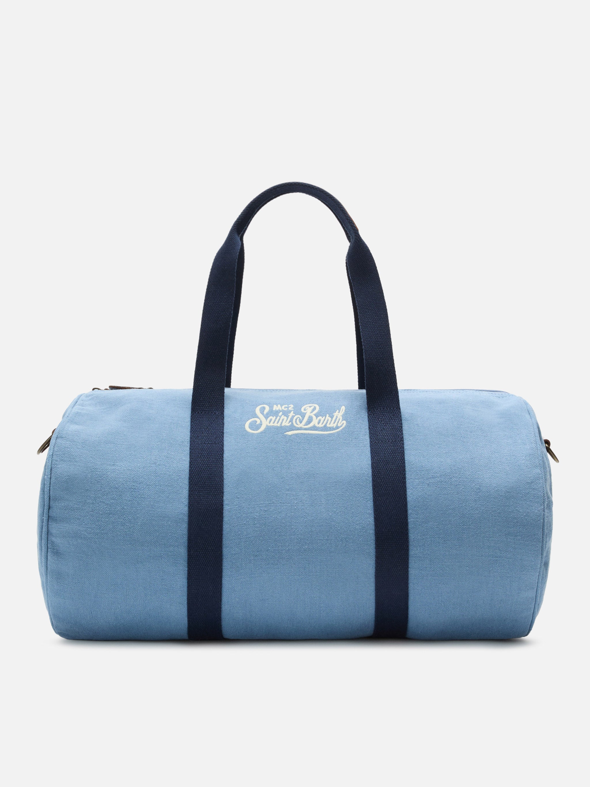 Round Jetleg Blue Linen Weekender With Contrasting Embroidered Logo __single__ Bag