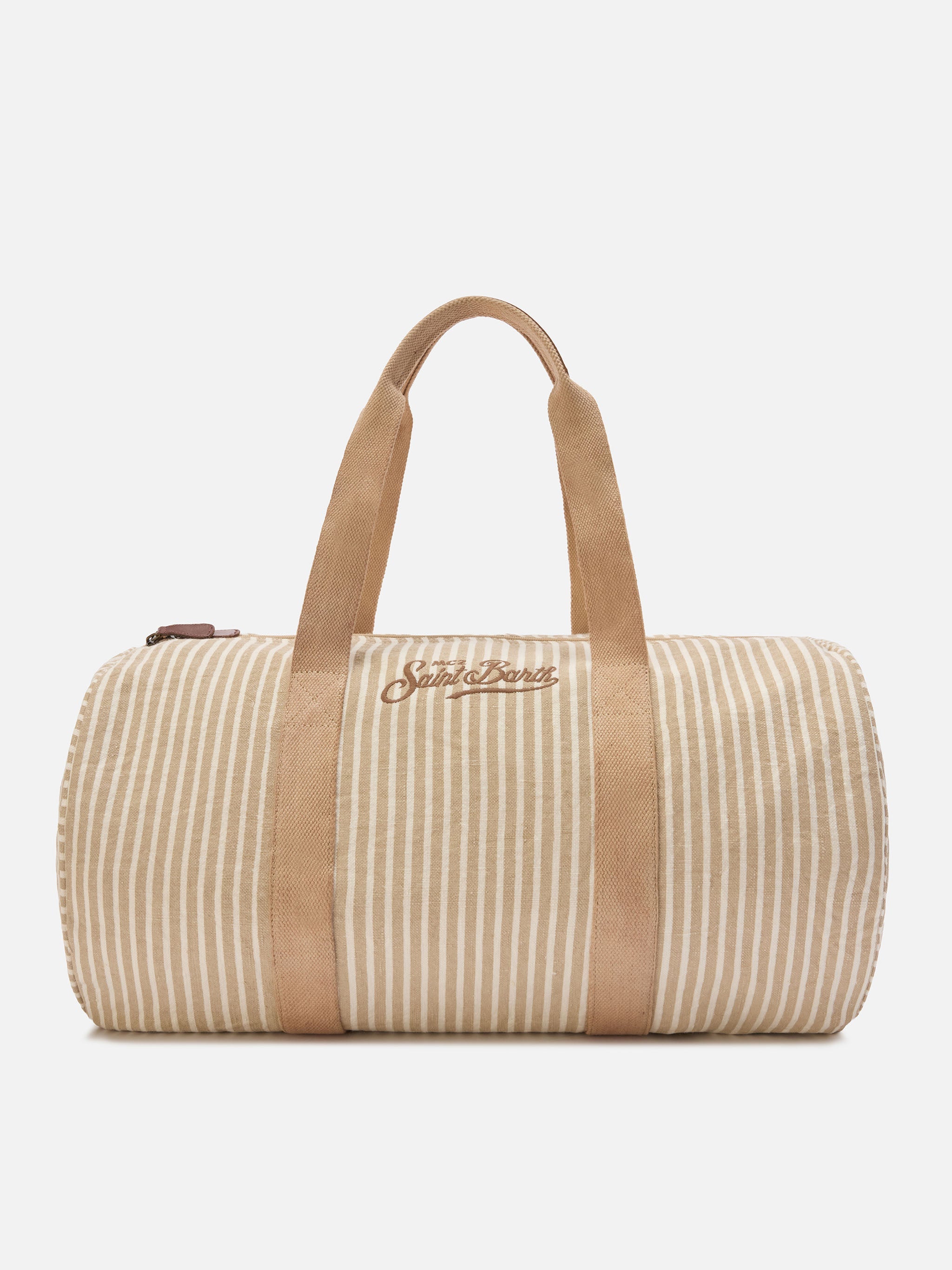 Round Jetleg Beige And White Striped Linen Weekender Brown Bag
