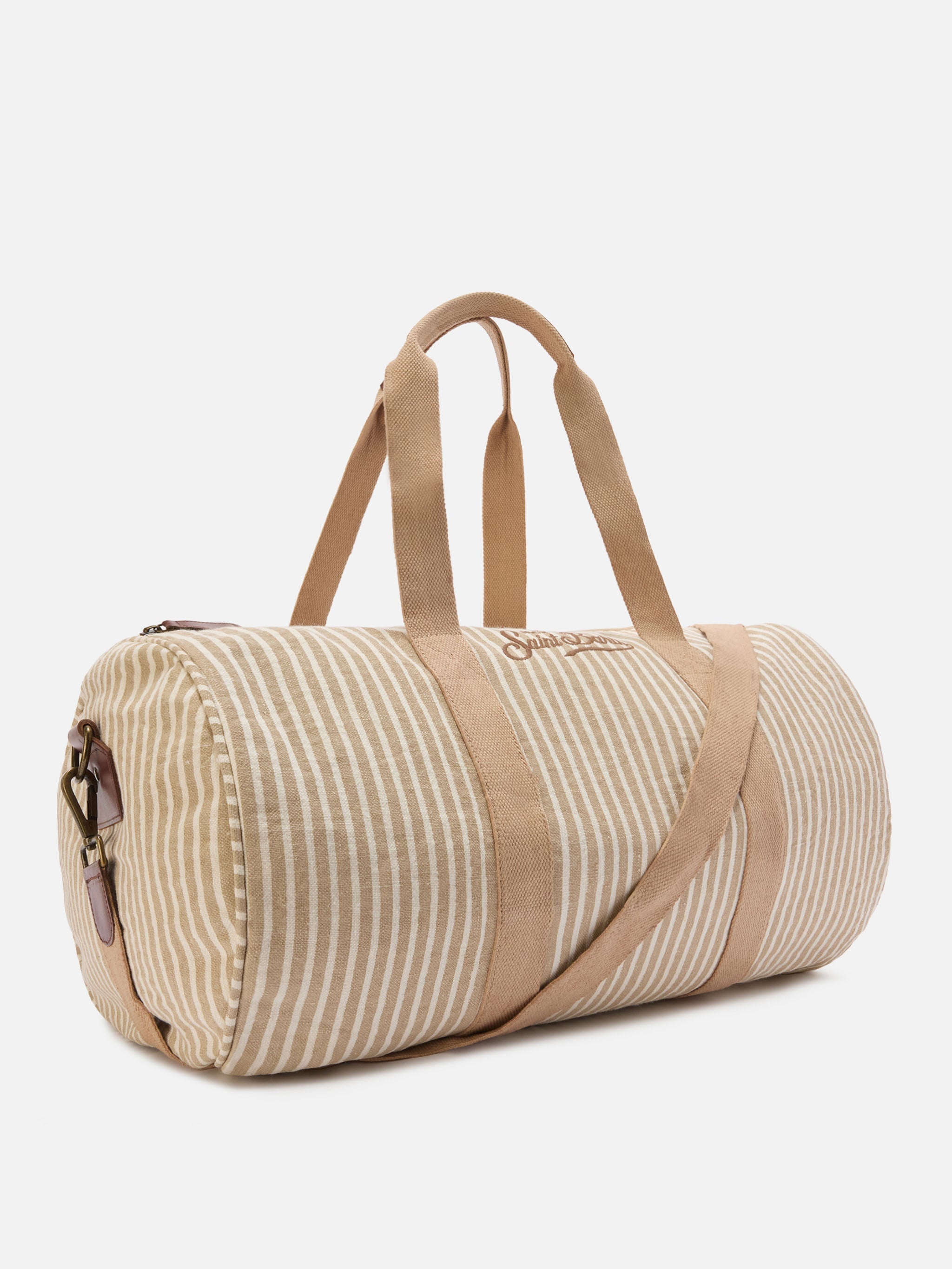 Round Jetleg Beige And White Striped Linen Weekender Brown Bag