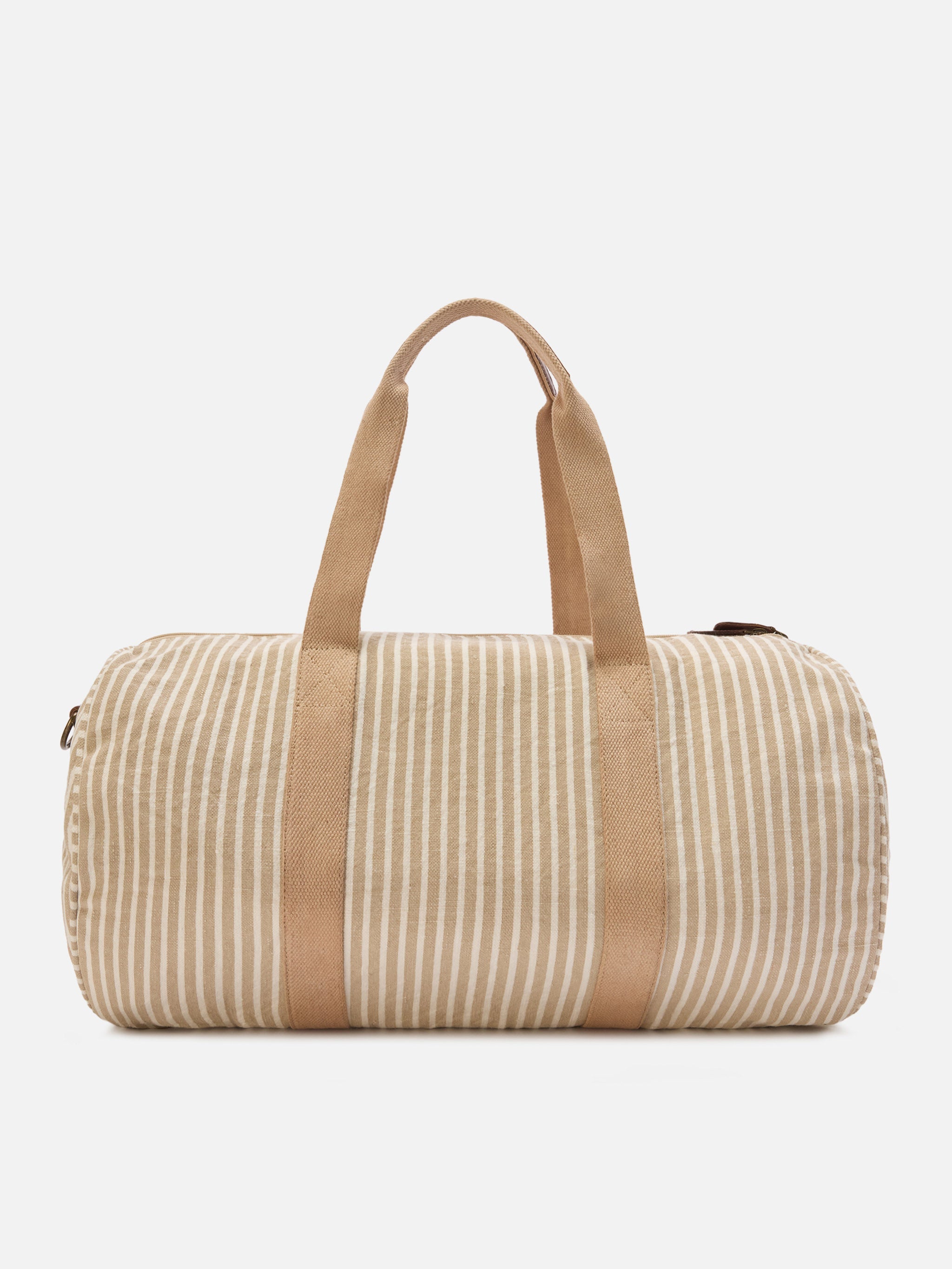 Round Jetleg Beige And White Striped Linen Weekender Brown Bag