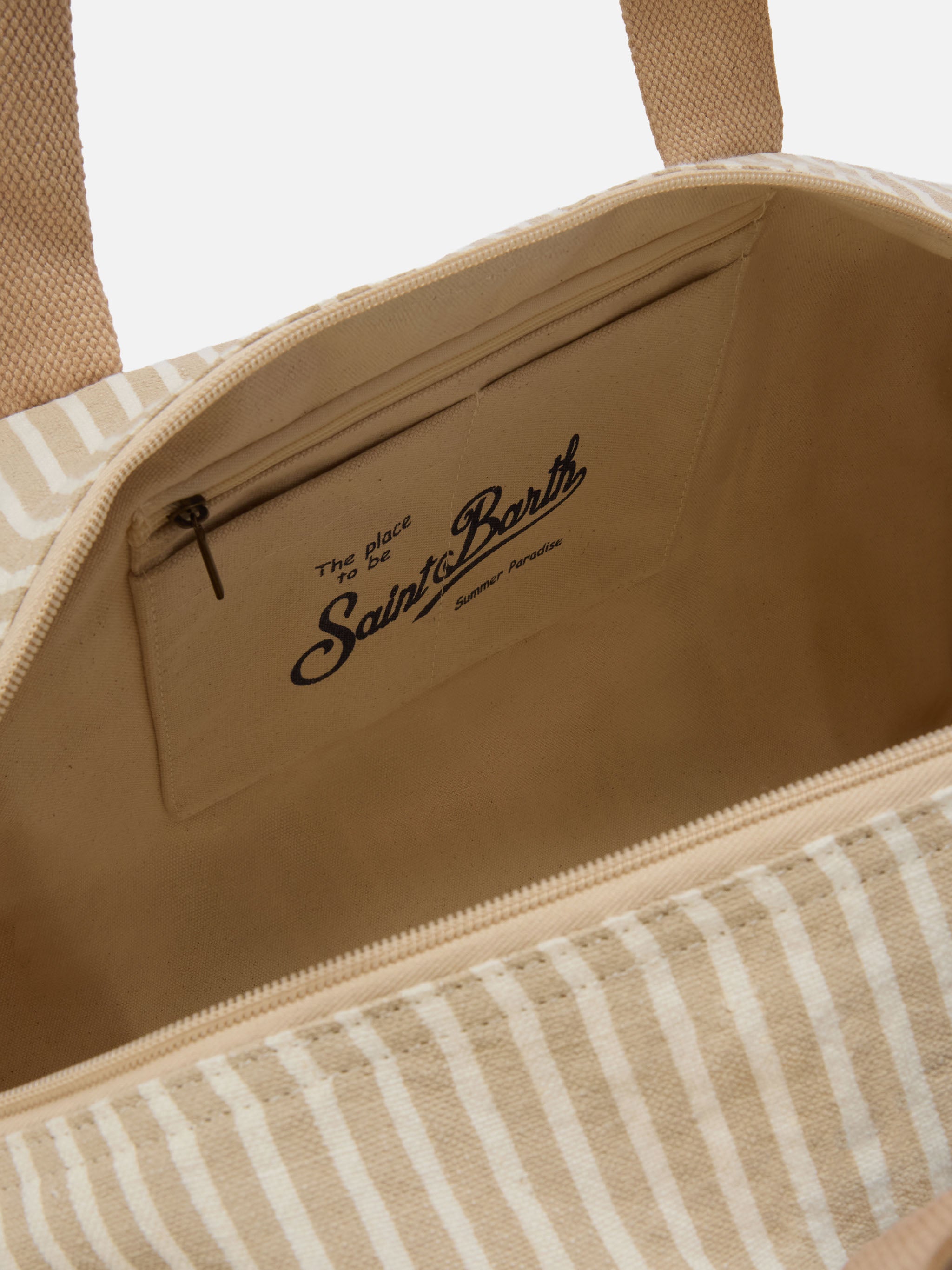 Round Jetleg Beige And White Striped Linen Weekender Brown Bag